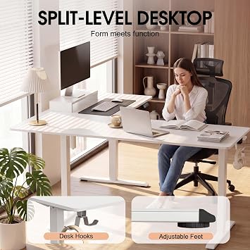 Furmax 63 x 55 Inch L Shaped Standing Desk with 2 Preset Heights, Electric Height Adjustable Computer Table, 2 Hooks & Feet Balance, Corner Sit Stand Desk for Home Office (White, 63 x 55 Inch)
