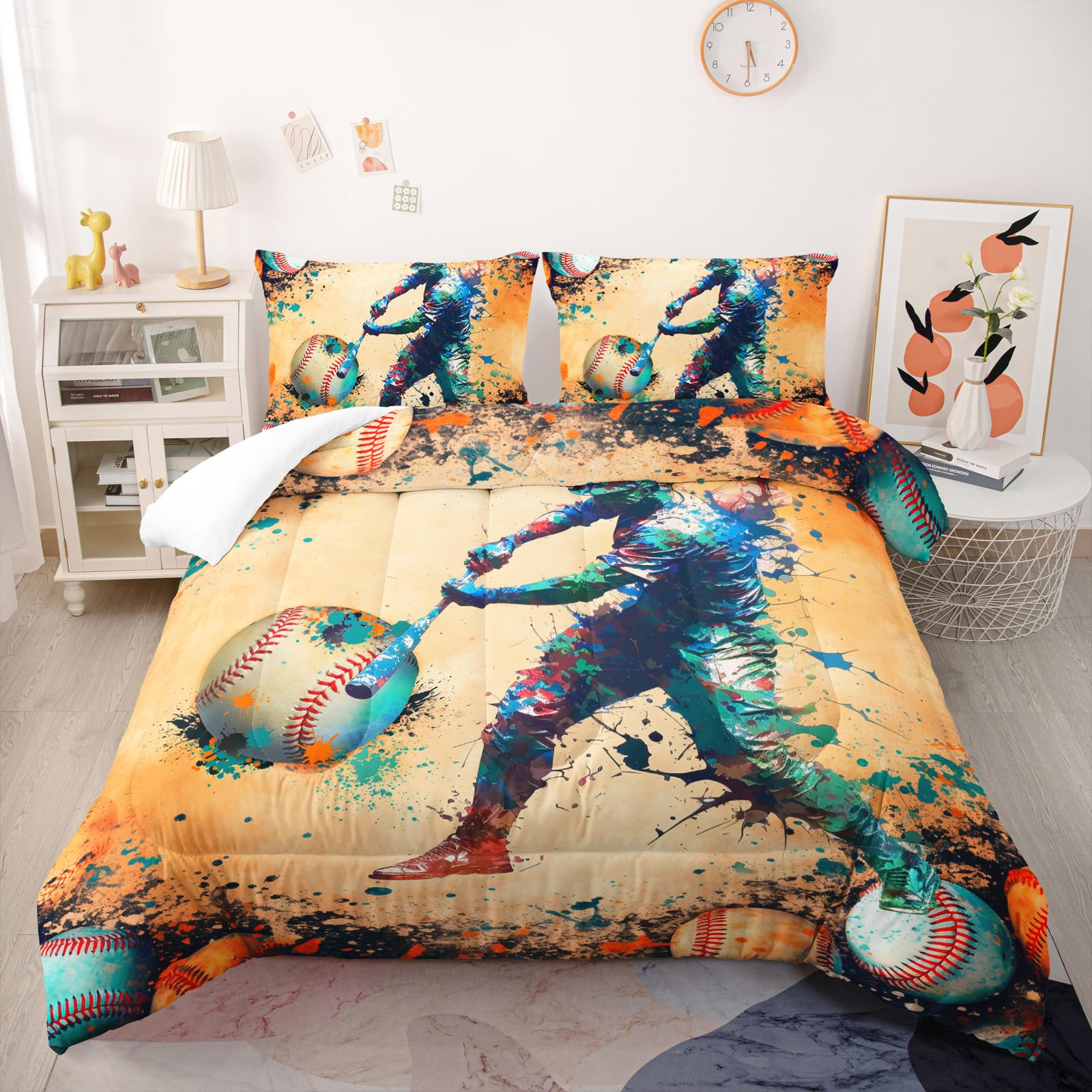 Nttopship Baseball Comforter Set Full Size for Adults 3Pcs,Baseball Sports Theme Bedding Set Soft 3PCS Warm for All Season Room Decor with 1 Comforter