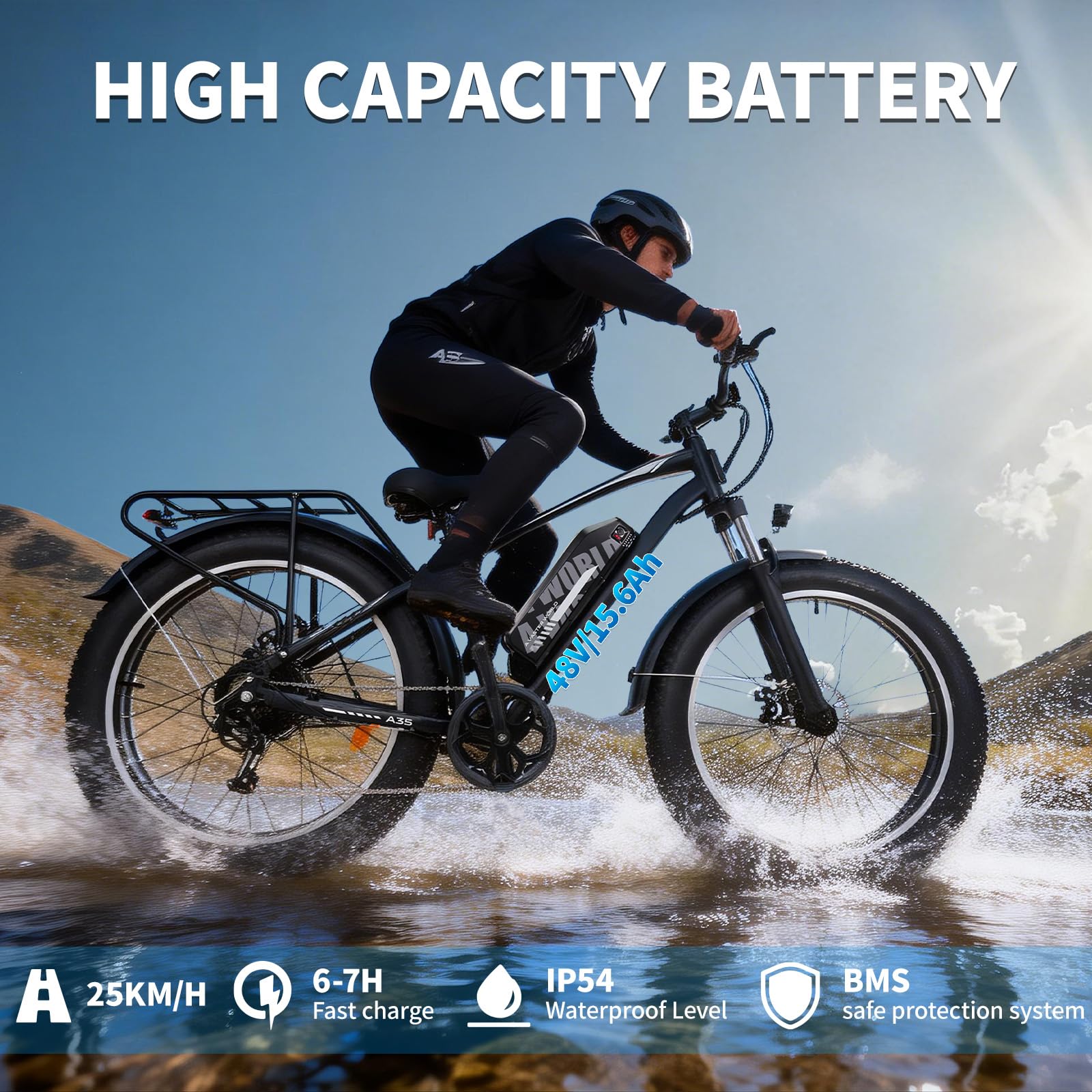 Vélo Électrique Homme Femme 26" Fat Bike, 250W Moteur, Batterie 48V 15.6Ah, Autonomie 75 km Assistance, Suspension Avant, Freins à Disque Avant et Arrière, 7 Vitesses, Écran LED