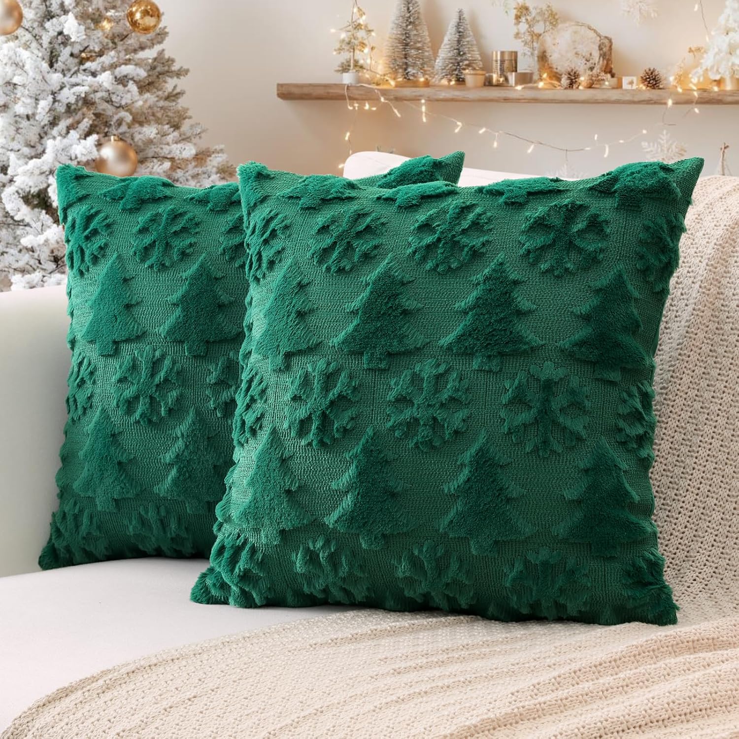 OTOSTAR Set of 2 Christmas Throw Pillow Covers 24x24 Inch, Soft Plush Faux Fur Christmas Tree Snowflake Winter Holiday Xmas Decorative Square Cushion Cover Cases for Sofa Couch Bed Living Room, Green