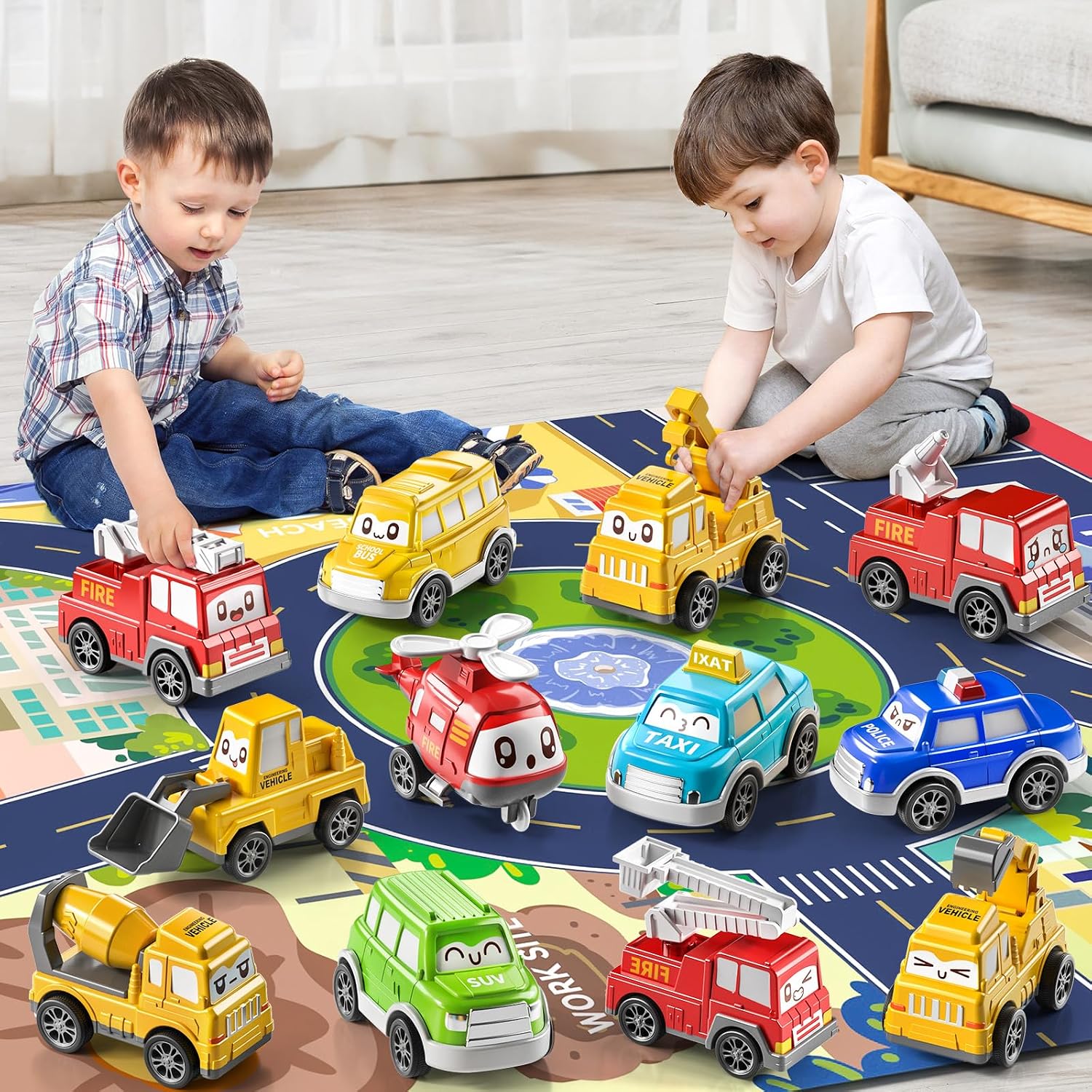 TEMI Toddler Pull Back Car Toys for 1 2 3 Year Old Boy Girl, 12 Pieces Baby Toy Cars with Play Mat/Storage Bag, Baby Toys 12-18 Months, Birthday Gifts for Toddler Toys Age 1-2