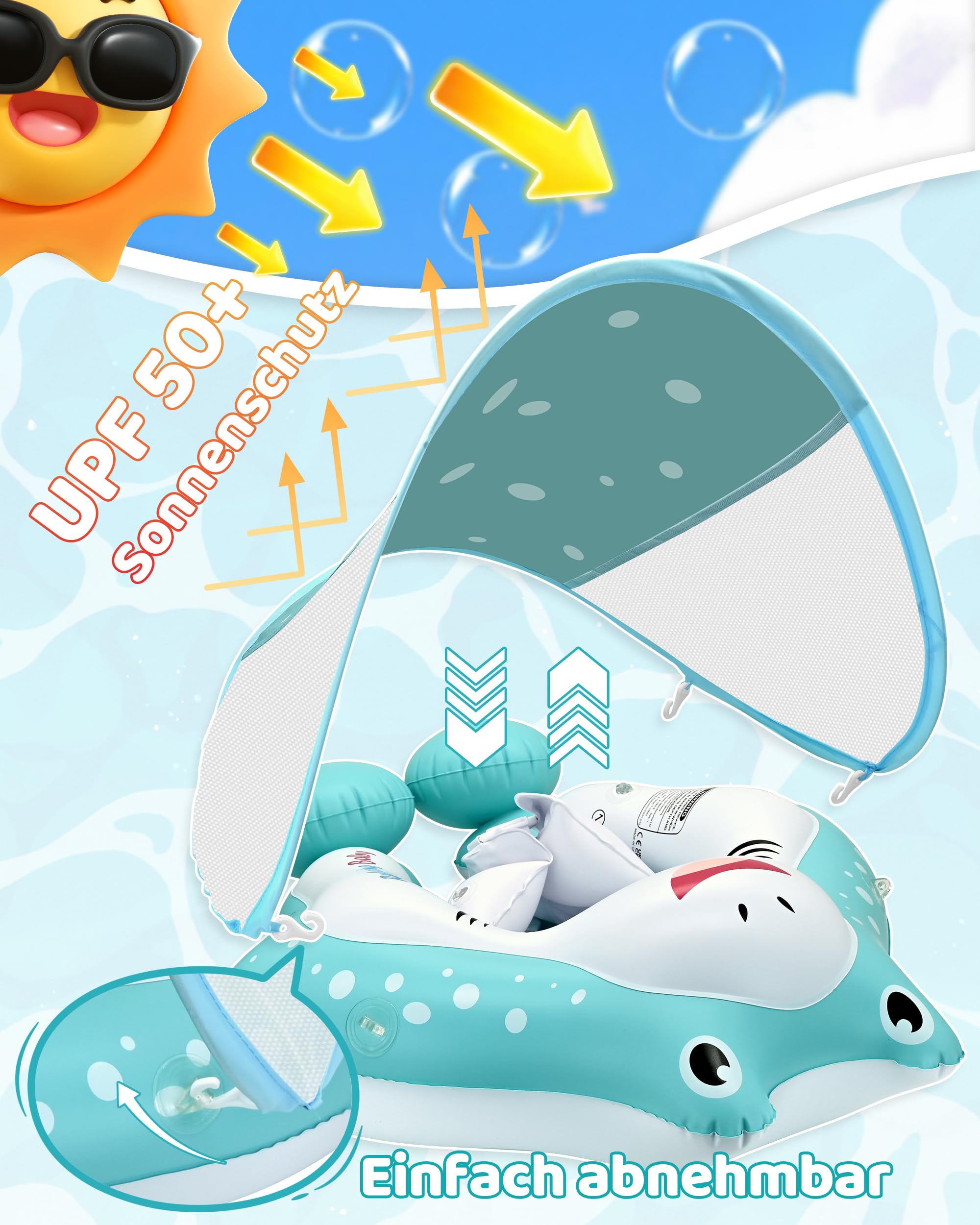Galleggiante per bambini con baldacchino, galleggiante per piscina con seggiolino di sicurezza, galleggiante da nuoto e galleggiante per bambini da 12 a 36 mesi (L: 12-36 mesi)
