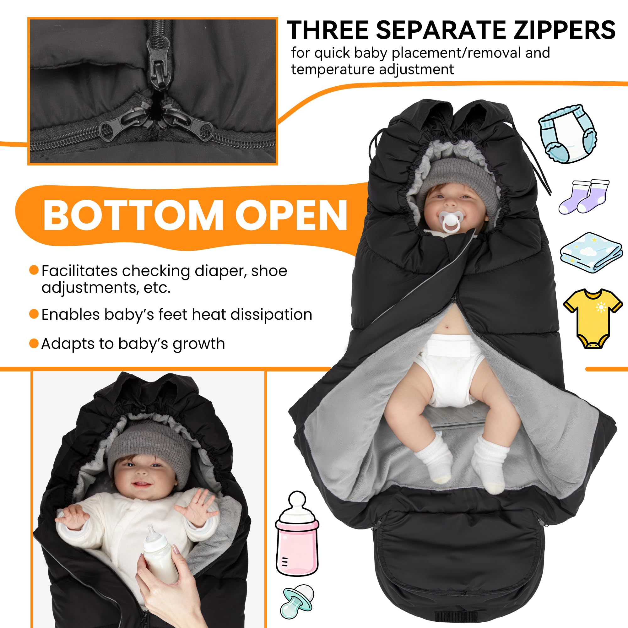 Bemece Footmuff for Pushchair Universal Winter Baby Pram Footmuff with Zip, Windproof Stroller Footmuff Cosy Toes, Warm Fleece Fabric - Image 4