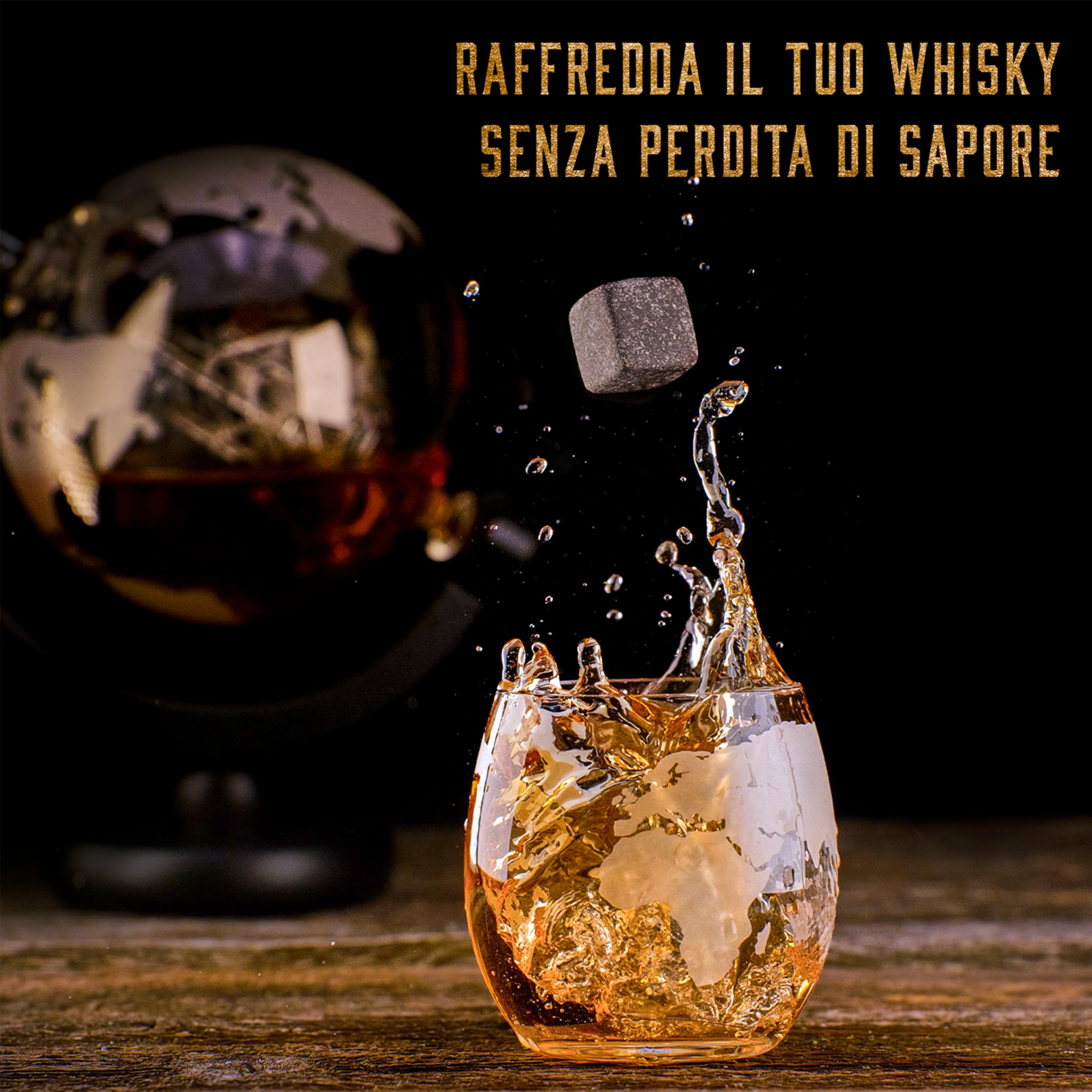 WHISISKEY Decanter per Whisky - Set Whisky Regalo - Idee Regalo Uomo Compleanno - Globe Decanter 900ML, Scatola Regalo, 4 Bicchieri da Whisky x 285ML, 8 Pietre di Whisky, Accessori
