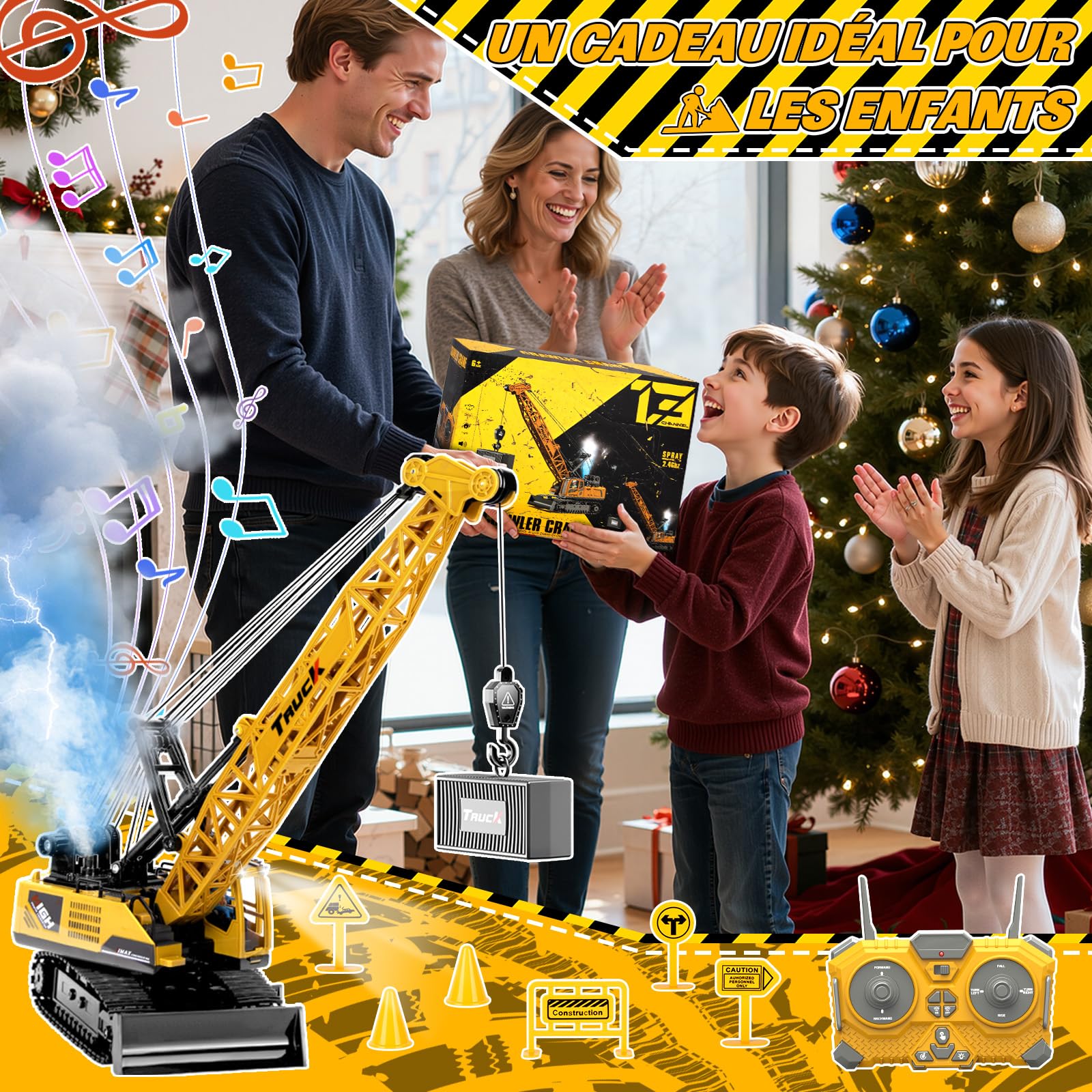 1:16 Grue télécommandée, 13 Canaux Jouet Grue Télécommandée avec Lumières Pulvérisé Sons Réalistes, Grand Engins de Construction Grues Cadeaux pour Enfants 6+ Ans (Jaune)
