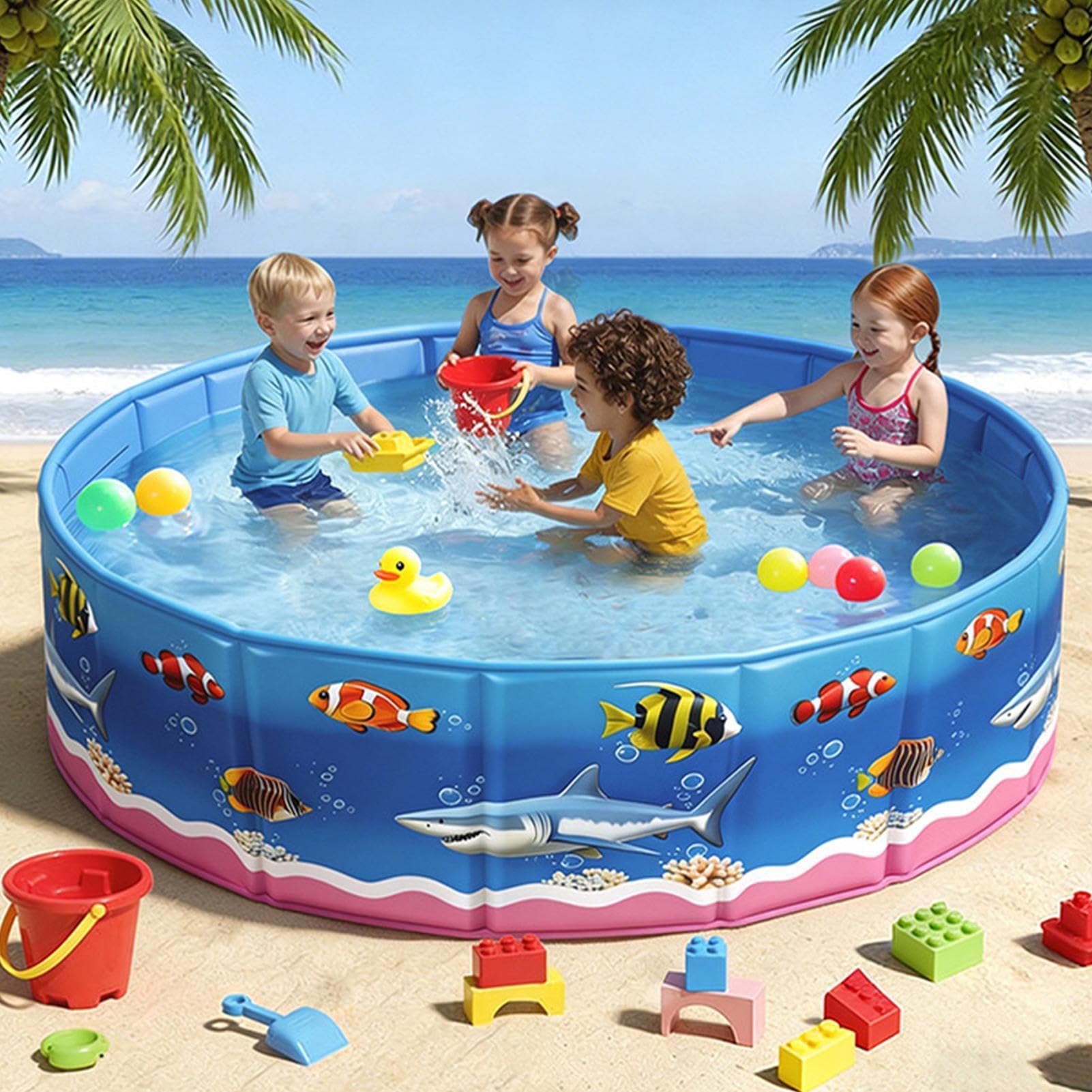 Generisch Piscina infantil rígida con estampado de dibujos animados, piscina al aire libre plegable sin inflar | para verano, jardín, terraza, suelo, baño, juego de perro