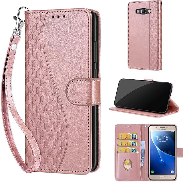 KENHONER Phone Case for Samsung Galaxy J5 (2016) Case, Premium Leather Shockproof Protective Wallte Cover compatible Samsung Galaxy J5 (2016) Cube-Rose Gold