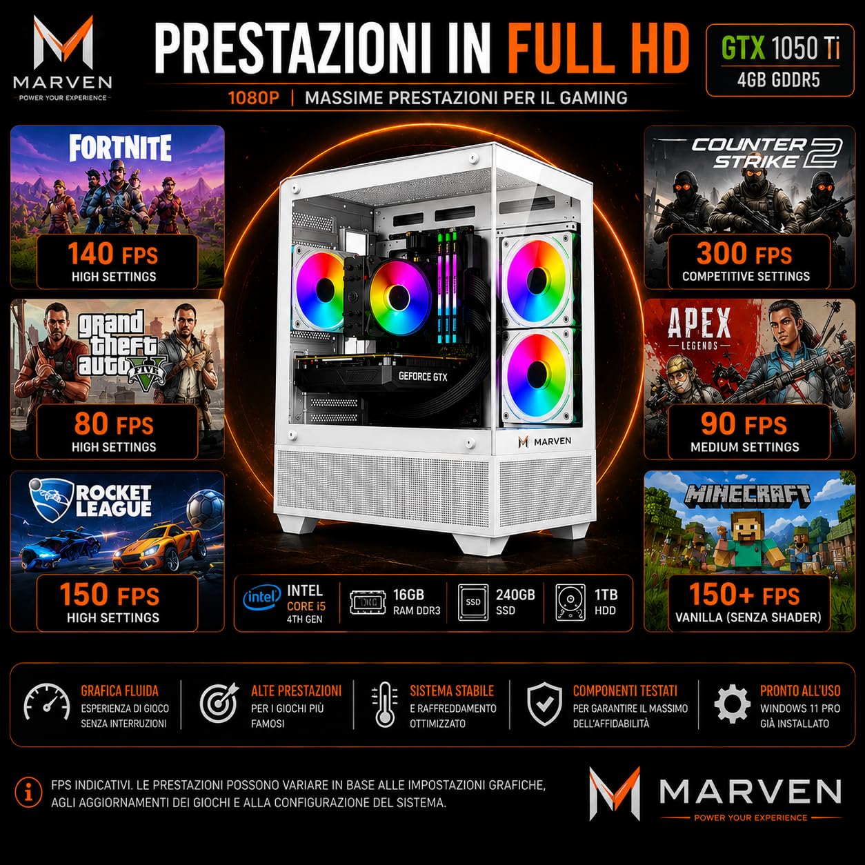 Generico Pc Gaming Fisso Computer Gaming con i5 - GTX 1050 Ti GDDR5 RAM 16 GB - 240 GB SSD + 1000 HDD Windows 11 + Wifi | Pc Fisso Potente Prestazioni Elevate nei Giochi | Pc per Gamer Pronto All'Uso