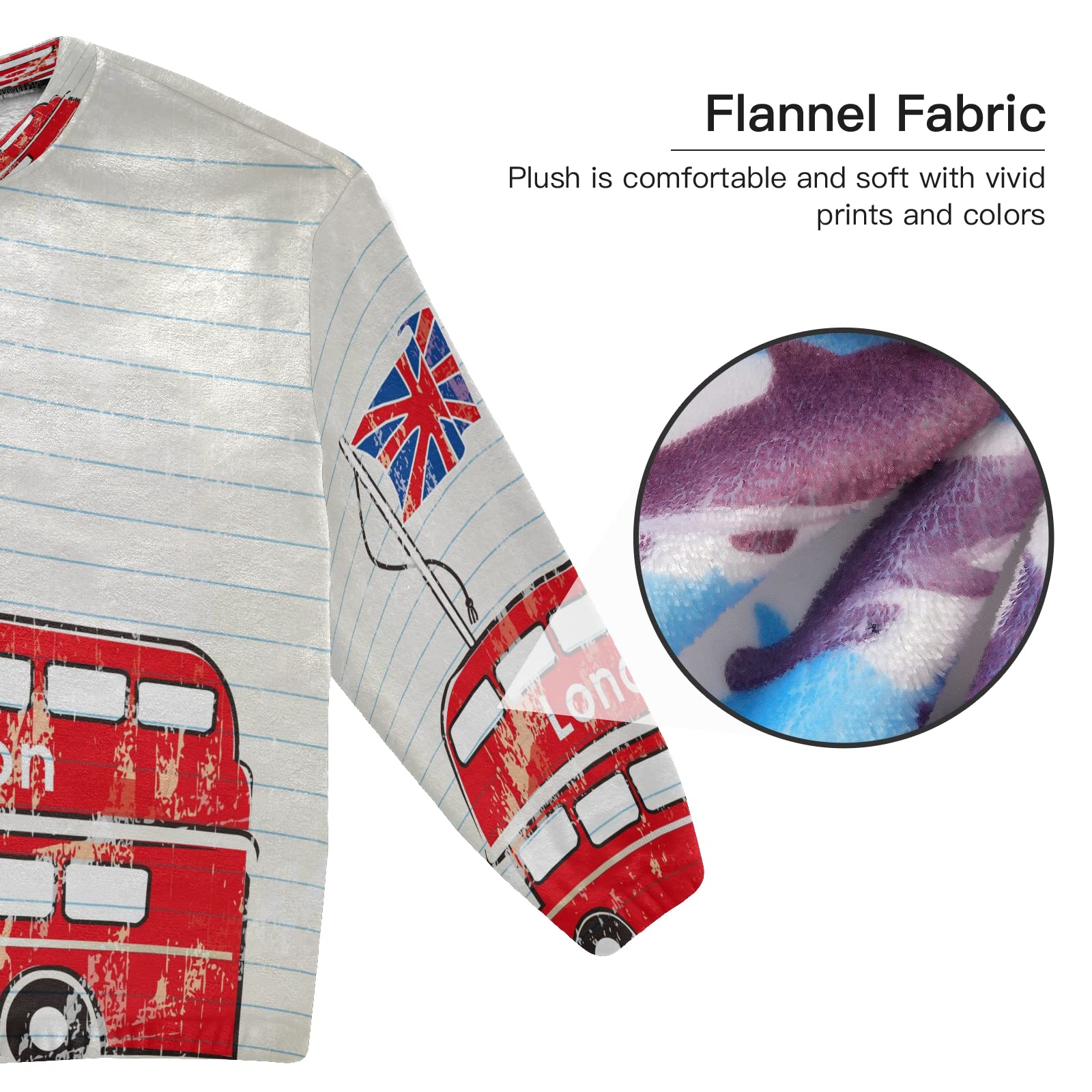 Mnsruu Juego de pijamas de franela con bandera británica de Londres Bus para mujer, 2 piezas, ropa de dormir de manga larga, conjuntos de salón