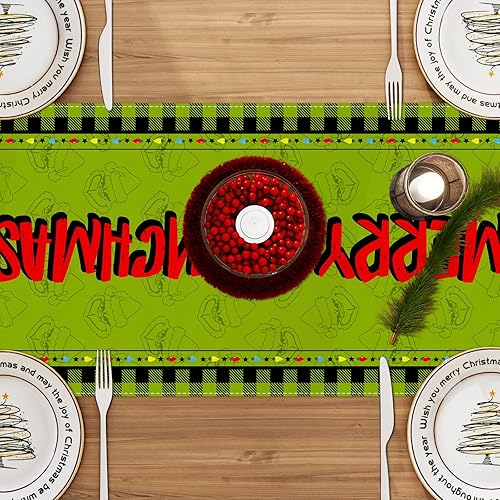 Miniatura 4 de Camino de mesa de Navidad de lino verde mantel de Navidad Navidad invierno vacaciones hogar cocina comedor decoración de mesa de 13 x 108 pulgadas