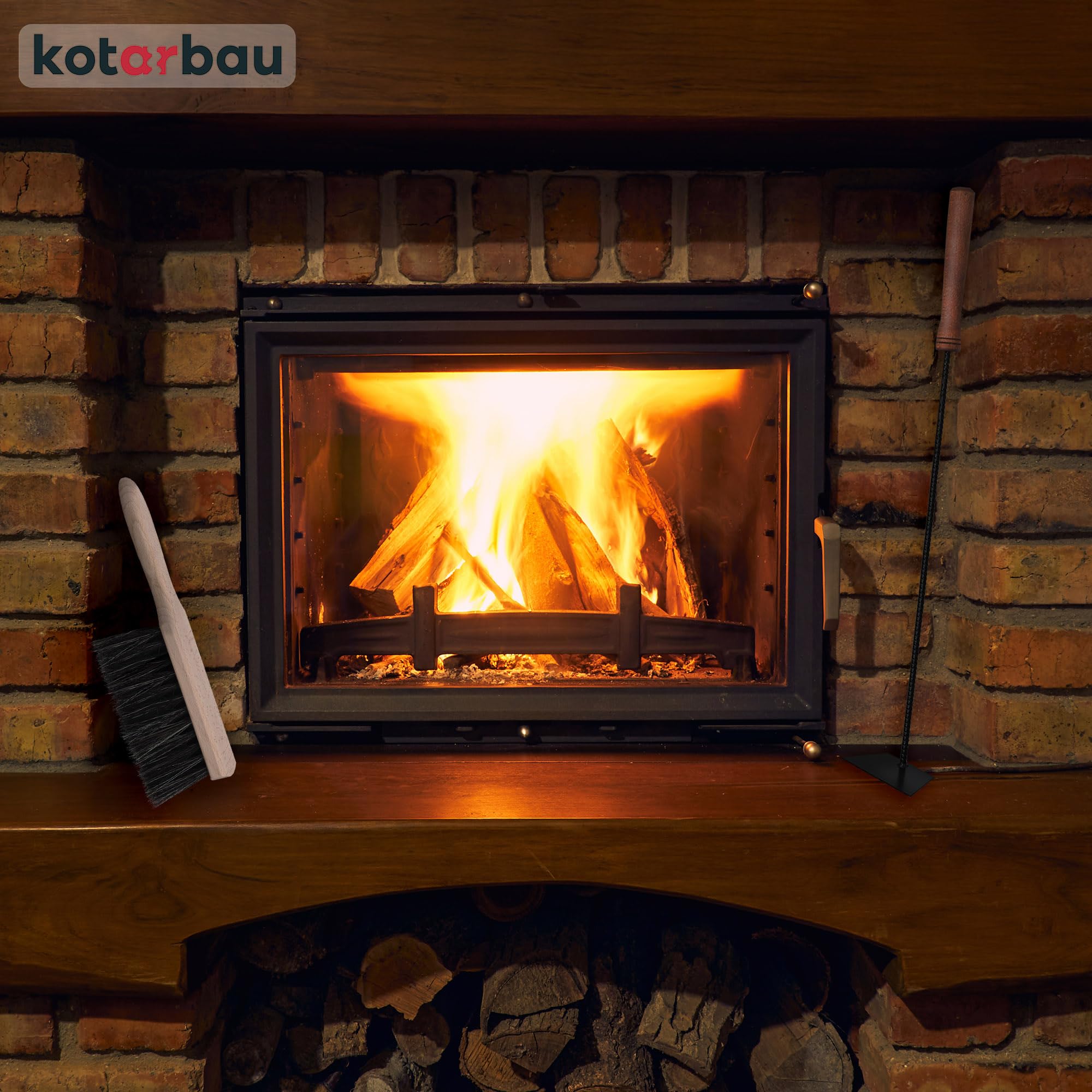 KOTARBAU® Kaminbesteck 5er Set mit Schürhaken Besen Schaufel Kaminbesen Besenstab mit Holzgriff Kamingarnitur Ofenbesteck Kaminzubehör Pulverbeschichtetes Metall Braun und Schwarz