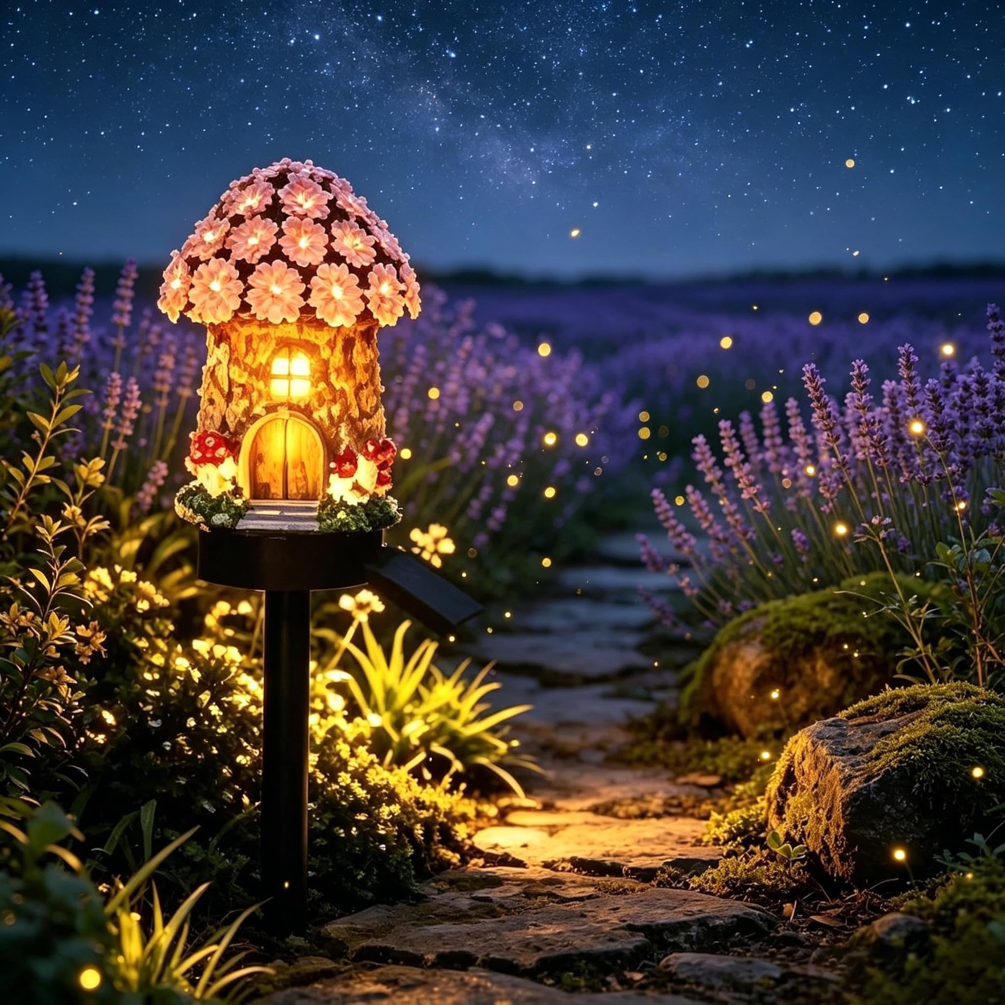 Solar Fairy-Tale Mushroom Cottage Garden Light, Waterproof Resin LED Landscape Lamp with Auto Dusk to Dawn, Warm Glow Wireless Stake Light, Tool-Free Outdoor Decor for Yard Patio Lawn Pathway (C)
