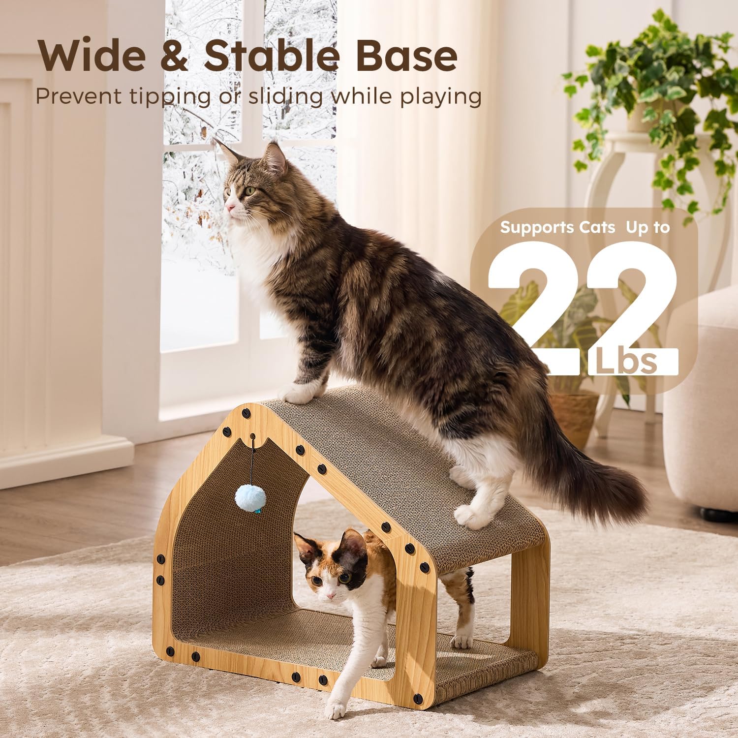 ZOMISIA 20'' Cardboard Cat Scratcher House - Large Cat Scratching Board with Balls, Cat Lounger as Tunnel for Indoor Cats and Kittens, Safe & Secure, Brown