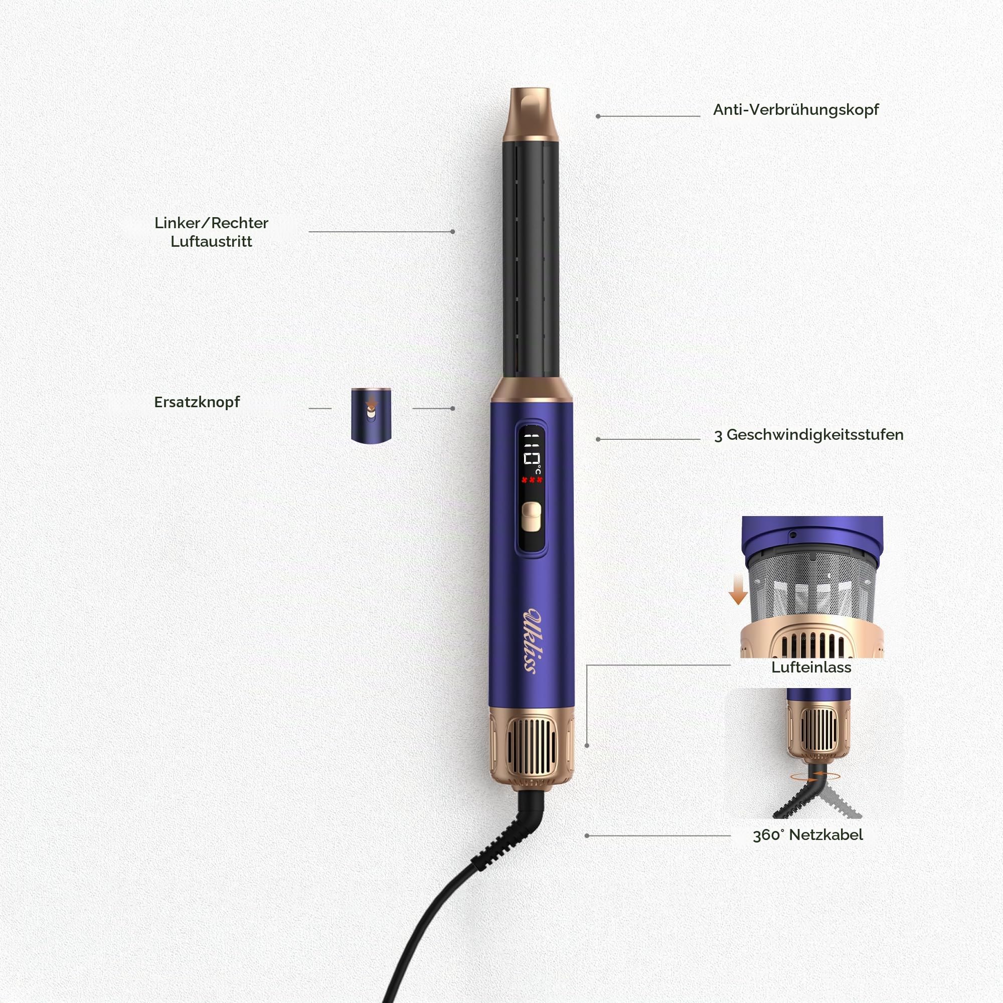 UKLISS Hairstyler 6 in 1 Air Styler Set [mit Diffusor], Pro Hair Styler Set | LCD Display 1000w Haartrockner mit Diffusor, Air Lockenstab Rundbürstenföhn, Föhnbürste, Glättbürste - Gold Blau