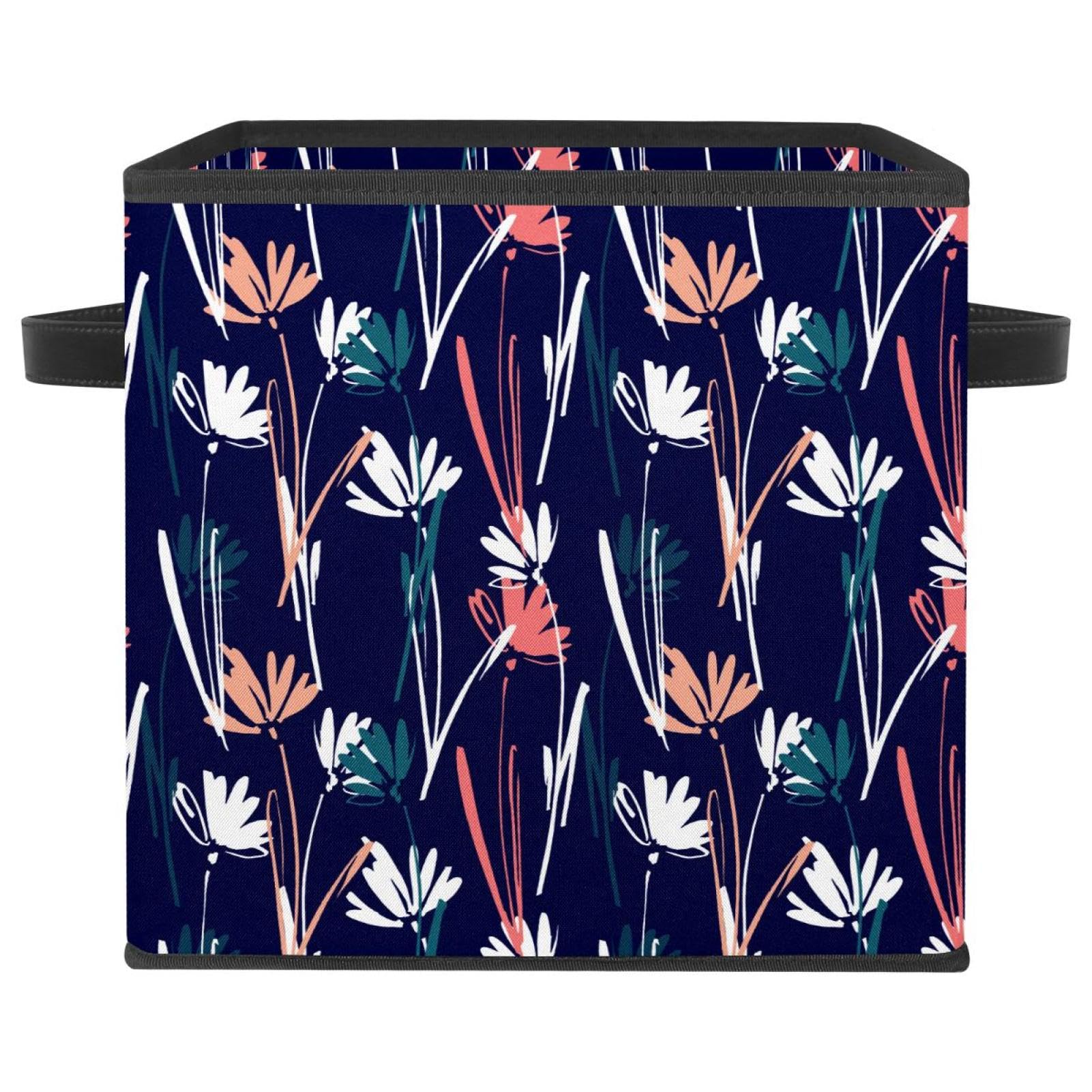 Boîte de rangement pliable en tissu au motif floral peint à la main unique