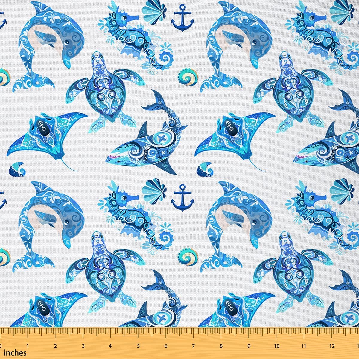 Fish Upholstery Fabric, Ocean Animal Fabric by The Yard, Wild Sea Fish Decorative Fabric, Coloured Fishing Indoor Outdoor Fabric, DIY Art Waterproof Fabric for Quilting Sewing, Brown Blue, 5 Yards