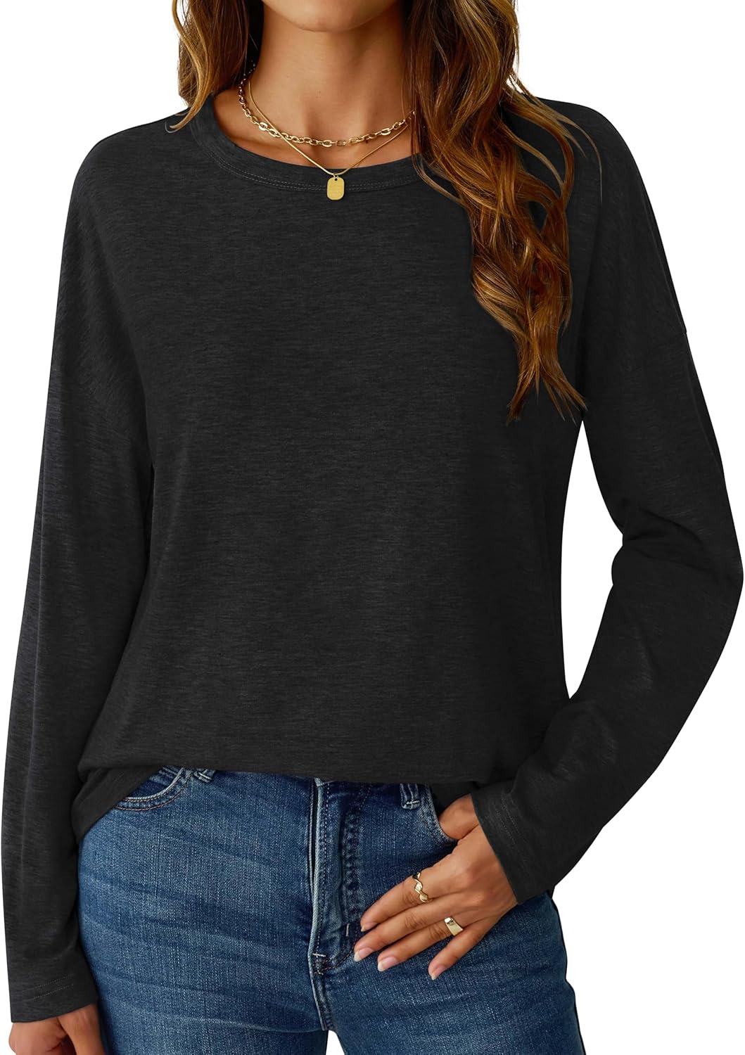 Long Sleeve Shirts for Women Crew Neck Basic Tops Casual Loose Fitted Fall Clothes 2025