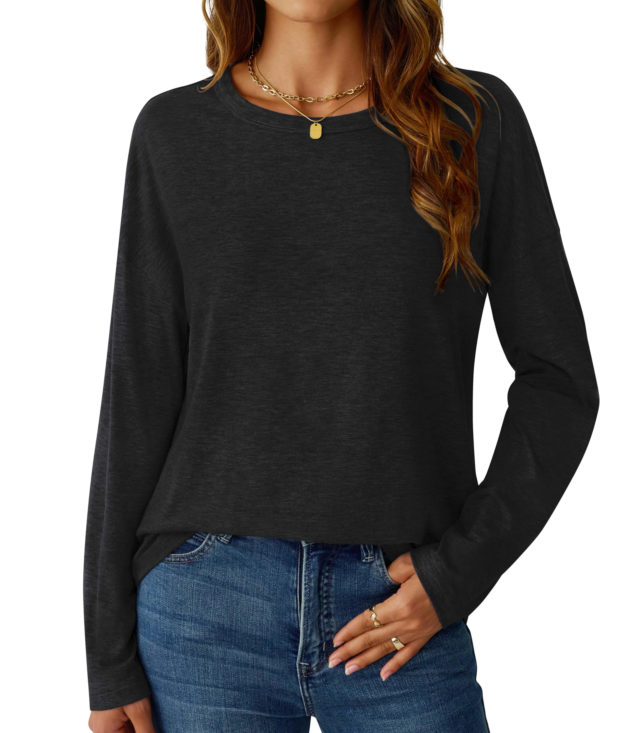 GKBK Long Sleeve Shirts for Women Crew Neck Basic Tops Casual Loose Fitted Fall Clothes 2025 Black M
