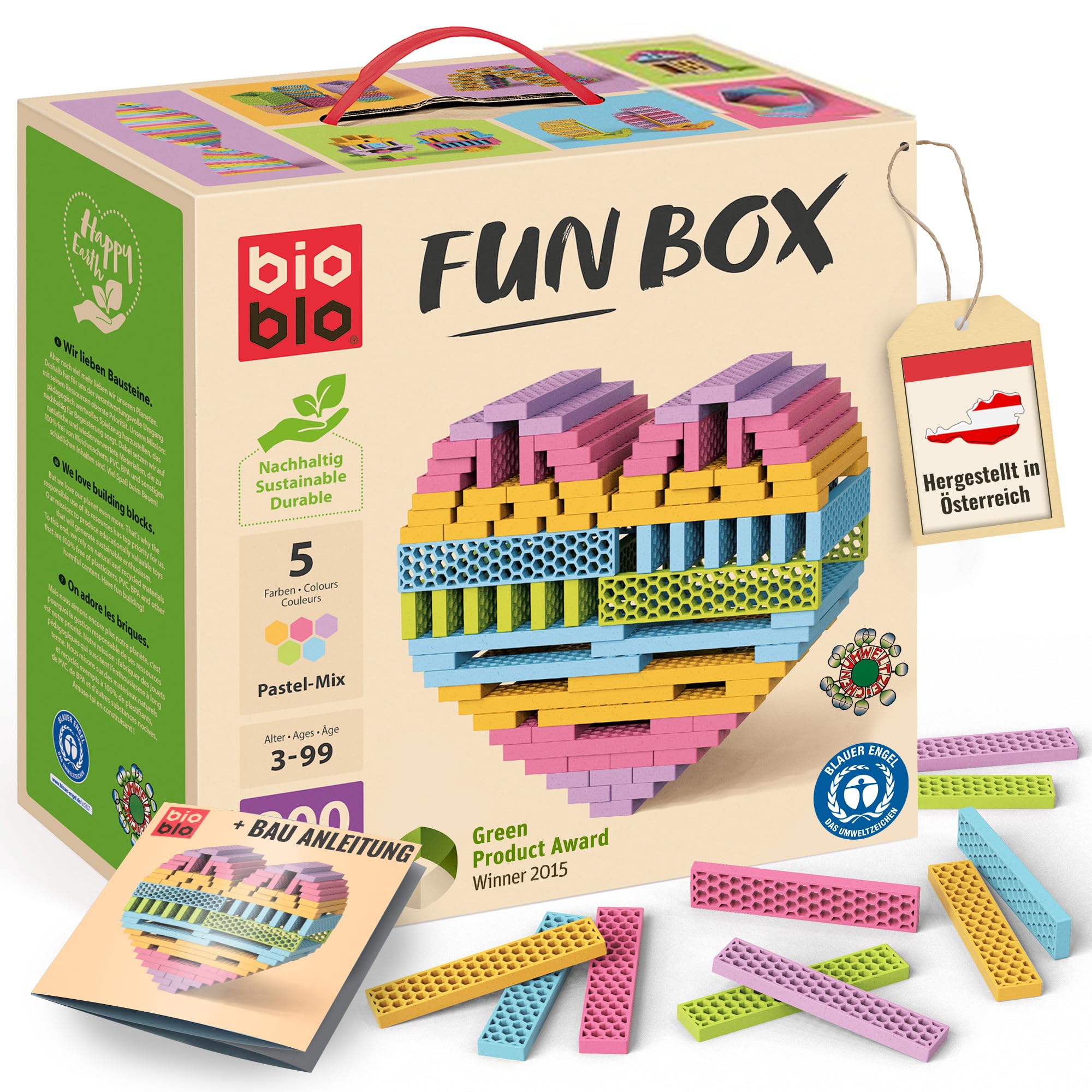 bioblo Funbox Pastel Mix 200 pieces | Sustainable colorful building blocks for children from 3 years | Wooden building blocks children's toys | STEM Montessori toys for stacking & balancing toy