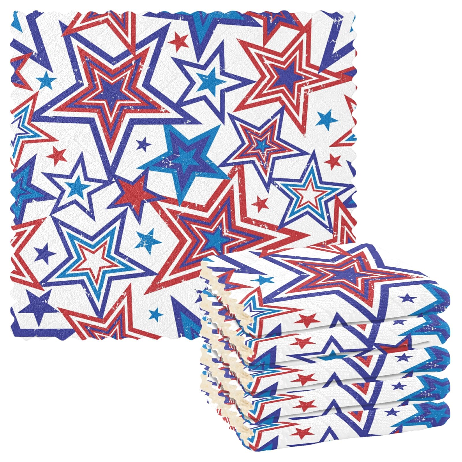 Poeticcity Blue,Red,White American Blue Red Stars July 4Th Seamless On White 6 Set Kitchen Dish Towels, Washcloths Cleaning Cloths Dish Cloths, Absorbent Towels Lint Free Bar Tea Soft Waffle Towel 11"X11"