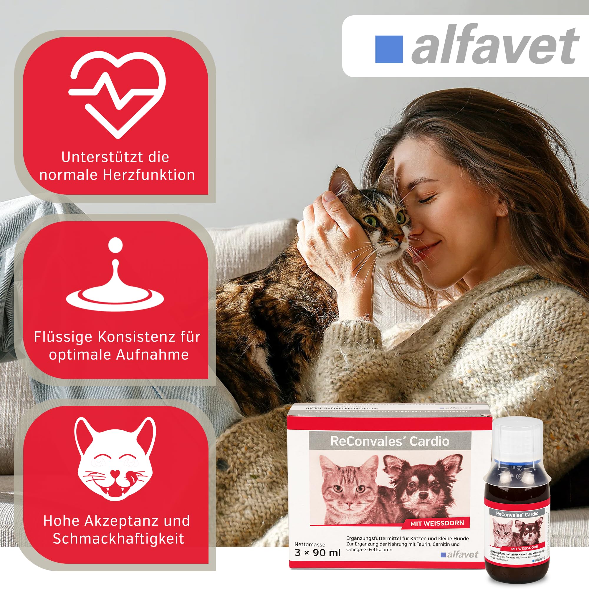 alfavet ReConvales Cardio, 3 x 90ml Flaschen, zur Unterstützung der Herzfunktion von Katze und Hund, Ergänzungsfuttermittel mit Carnitin