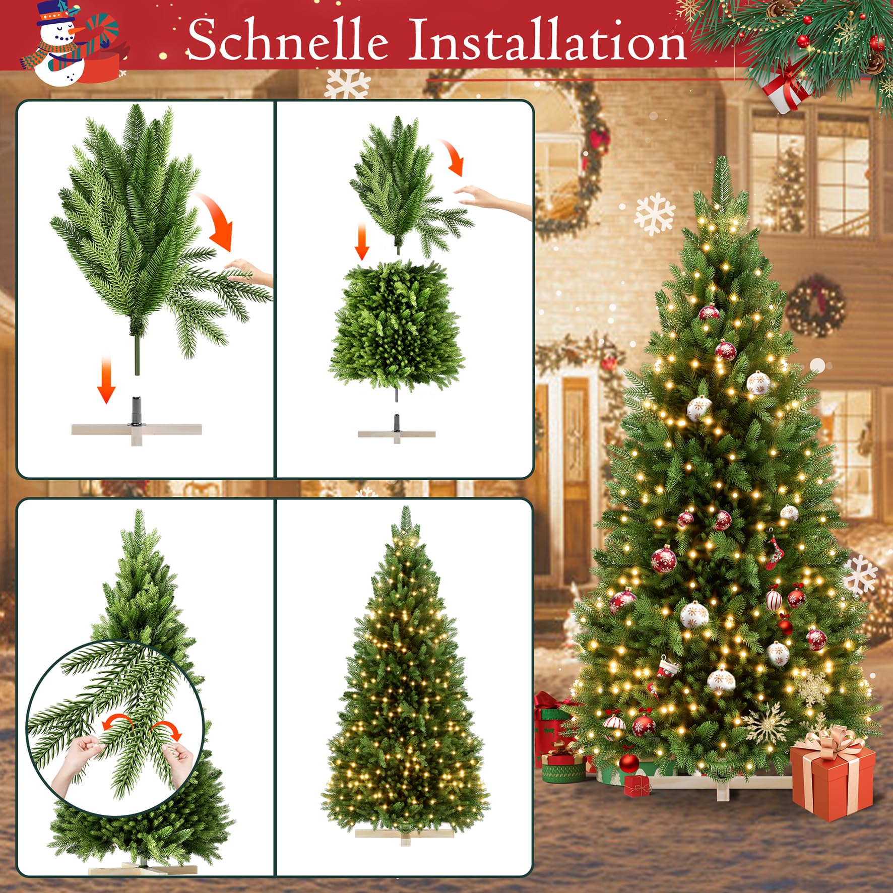 FIVMEN Weihnachtsbaum Künstlich mit Beleuchtung 150 cm PVC/PE Tannenbaum Christbaum Naturgetreu mit Holzsockel Weihnachtsbäume Christmas Tree Weihnachtsdeko