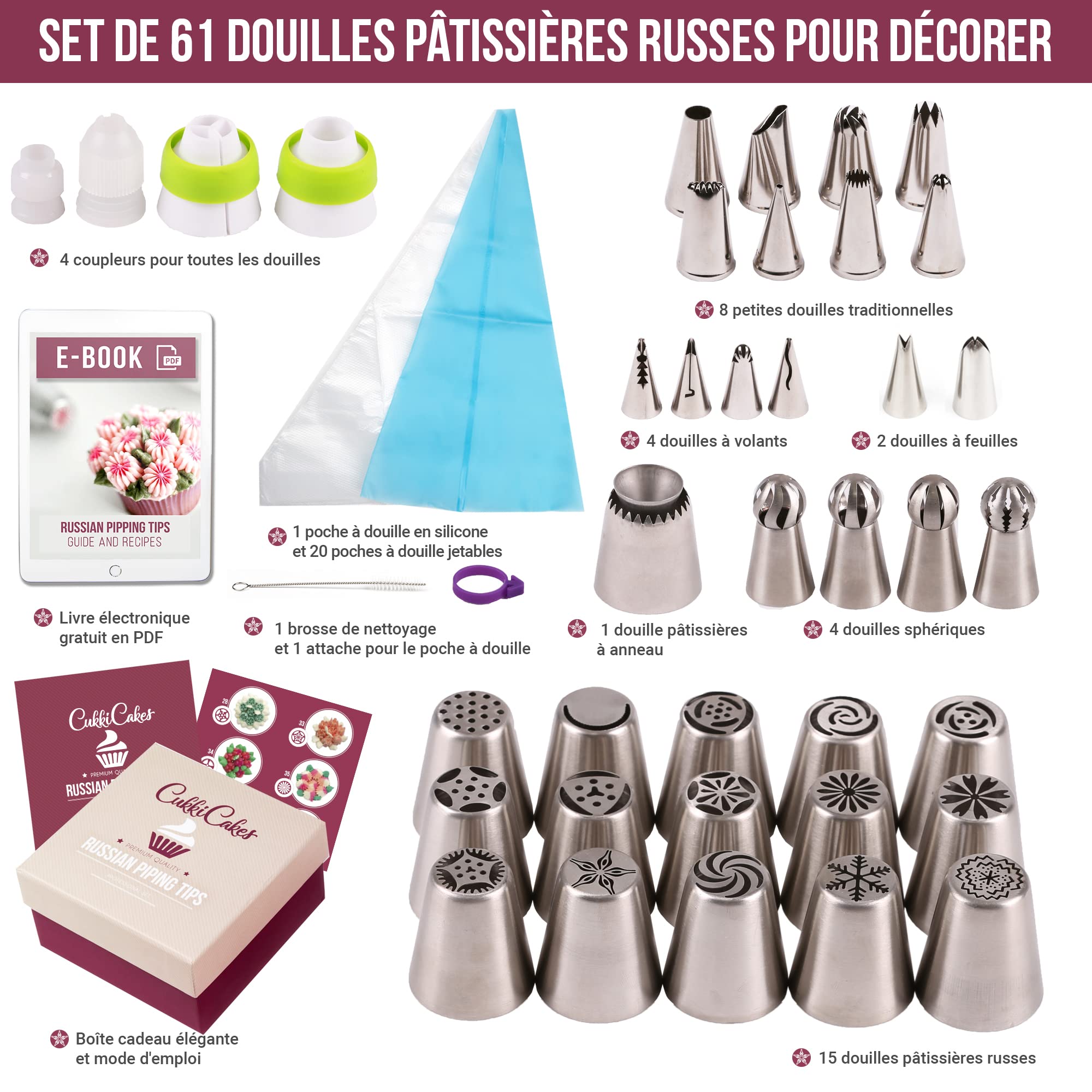 Set de Douilles Russes – 61 pièces pour la décoration florale des gâteaux et cupcakes: 34 embouts de glaçage, 20 sacs à douilles jetables, 1 sac en silicone, 4 raccords et 1 boite cadeau