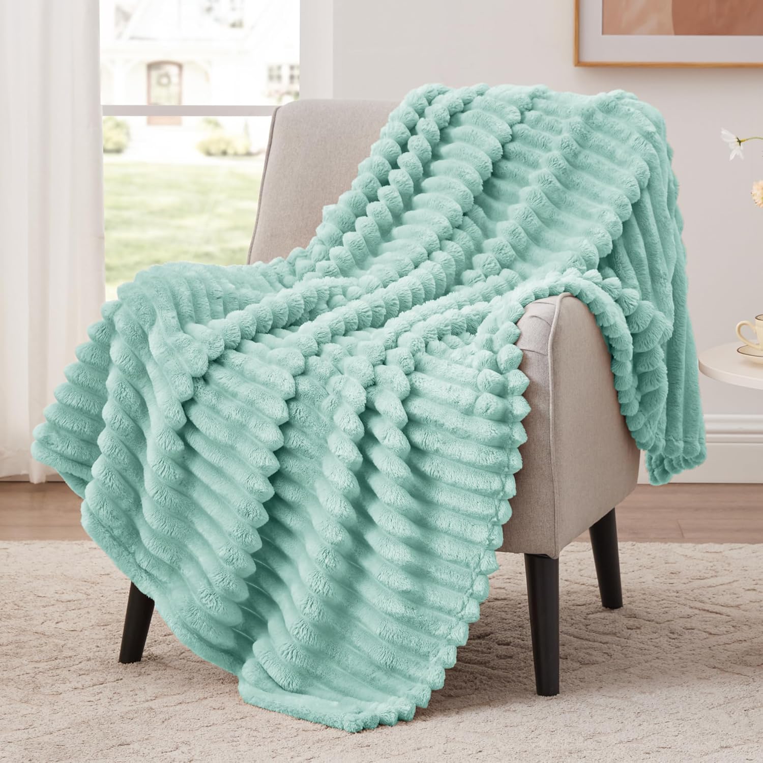 EXQ Home Fleece Throw Blanket for Couch or Bed - 3D Stripe Jacquard Decorative Blankets - Cozy Soft Lightweight Fuzzy Flannel Blanket Suitable for All Seasons(50"×60",Cyan-Blue)