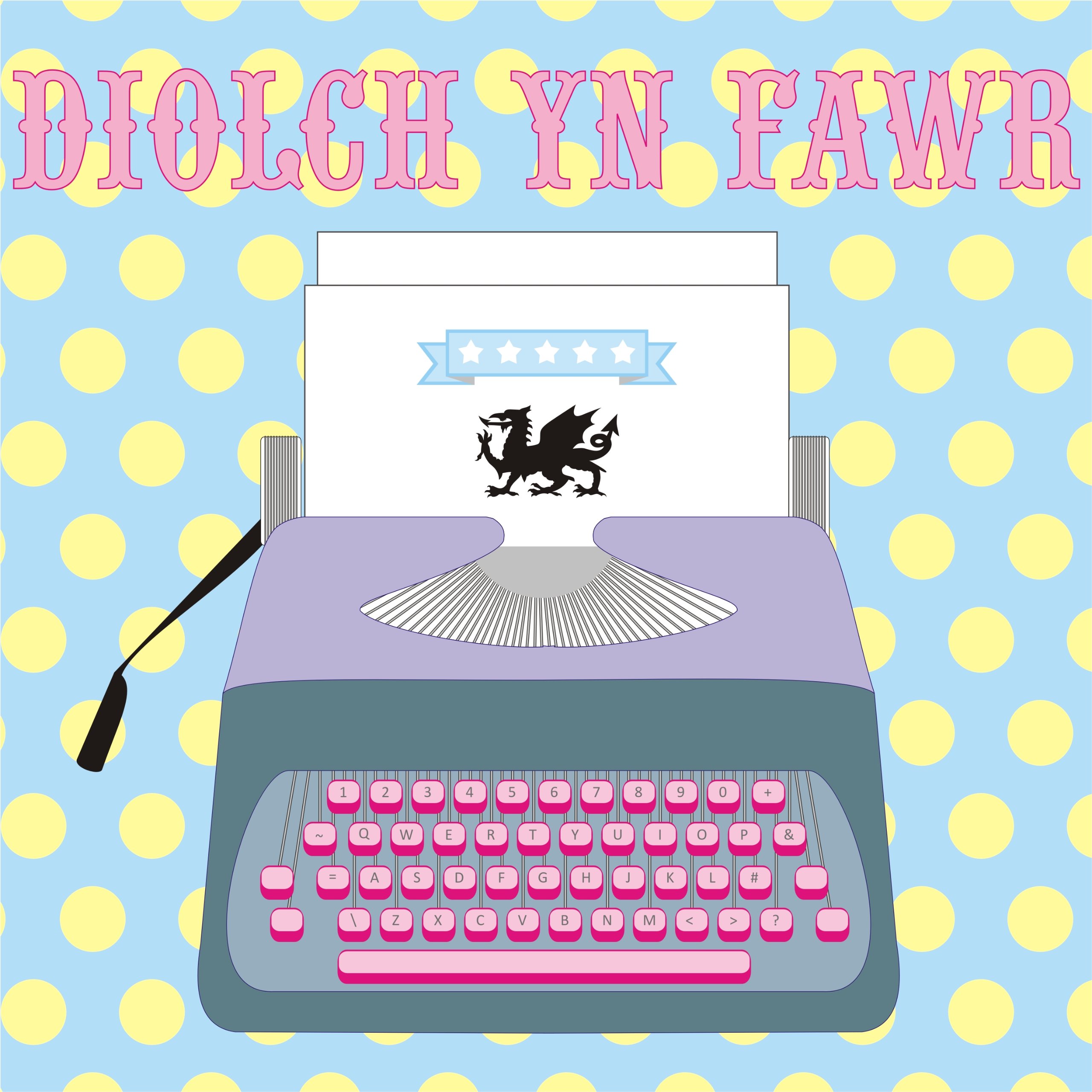 Claire Giles Greeting Cards, Welsh Thank You Card, Typewriter Design Thank You Very Much Greeting Card