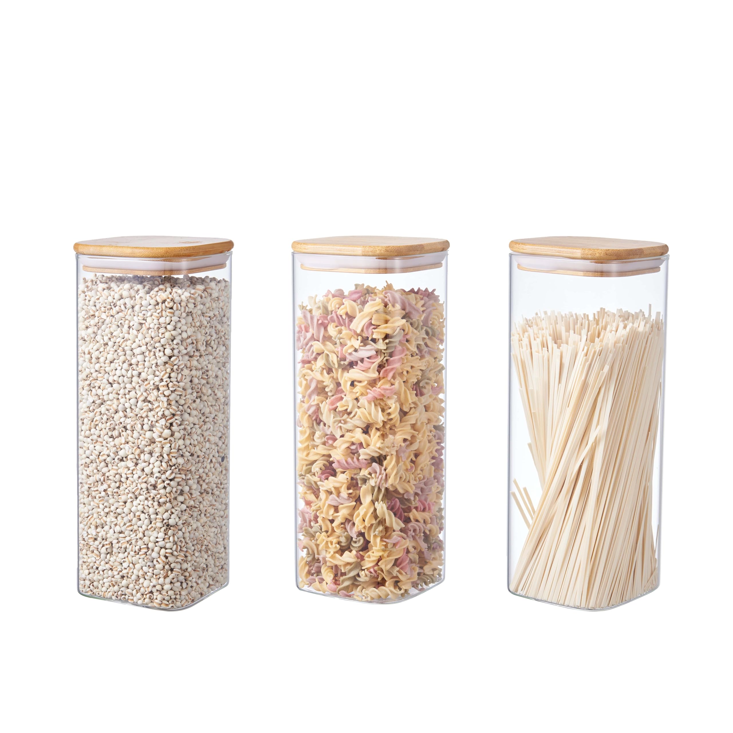 Ornami Transparent Airtight Glass Pantry Storage Canister With Bamboo Lid | Bpa-Free, Clear Kitchen Storage Jar | Square Shaped (3, 2L)