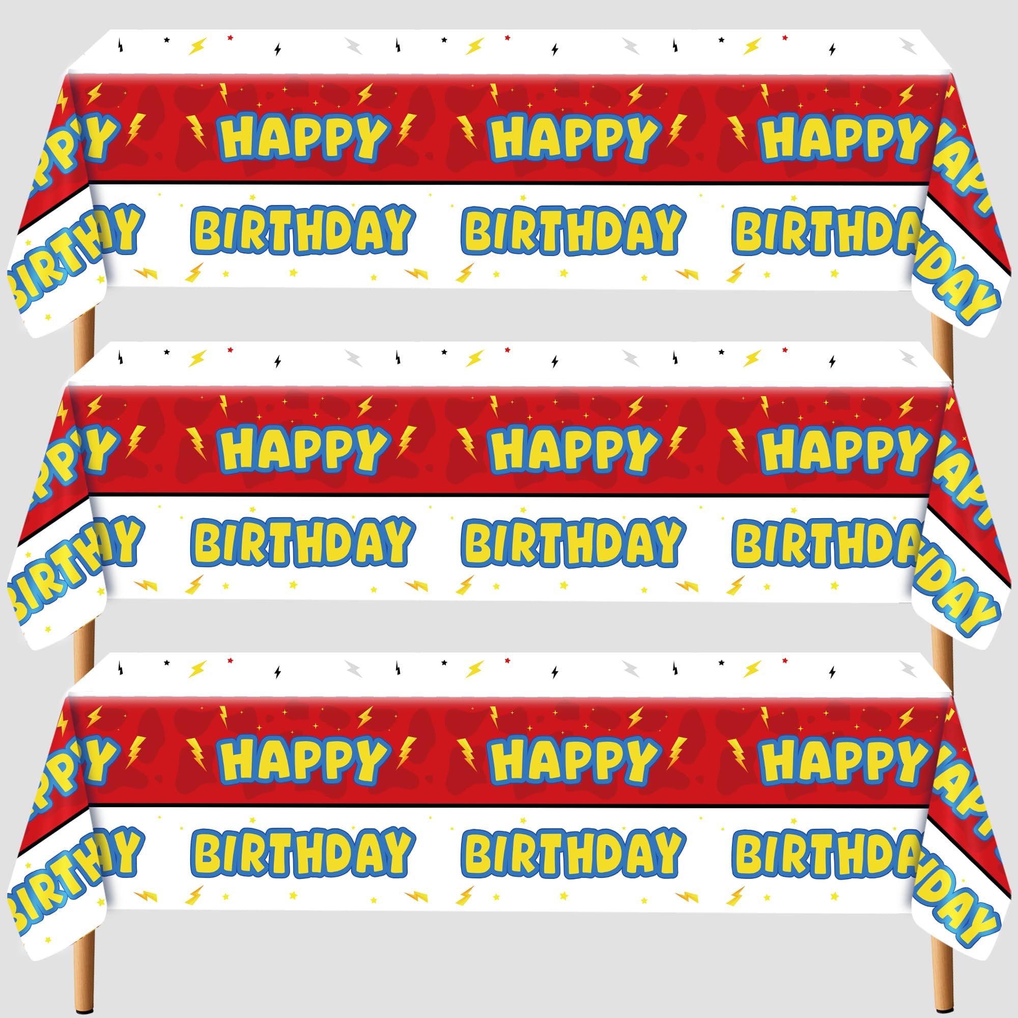 PPXMEEUDC 3PCS White Red Happy Birthday Tablecloth，Cartoon Yellow Lightning Bolts Disposable Plastic Table Cover Decorations for Kids Birthday Party