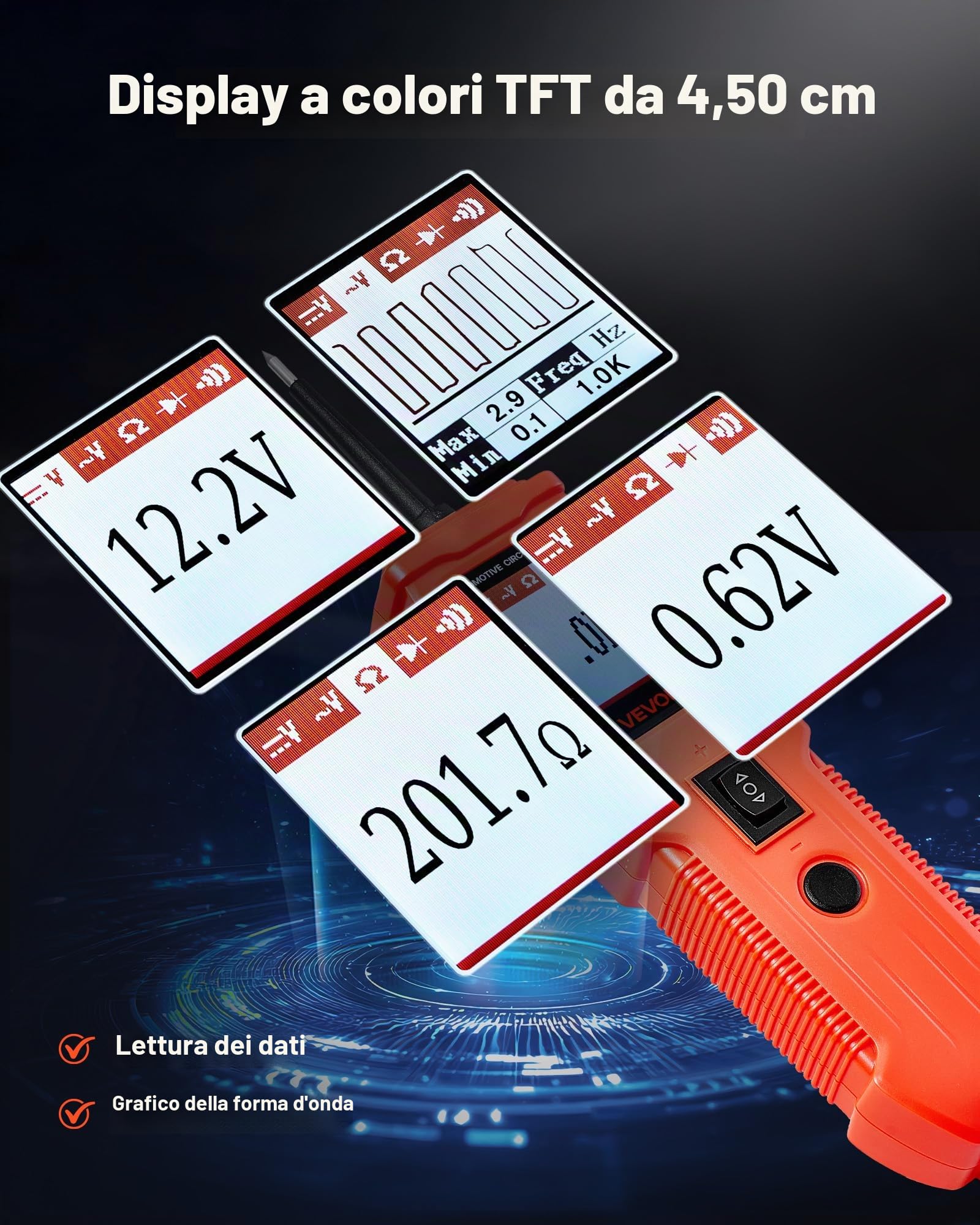 VEVOR Tester Elettrico per Circuiti Automobilistici, Tester di Tensione CC 8-35V con Cavo da 6 m, Display a Colori TFT Illuminazione, Test di Polarità, Continuità, Tracciamento di Linee, Diodo