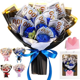 Thanksgiving Day Money Flower Bouquet Wedding Money Bouquet Kit for Cash Gift Cash Nosegay Flowers with Bag for Birthday Party Anniversary(Blue)