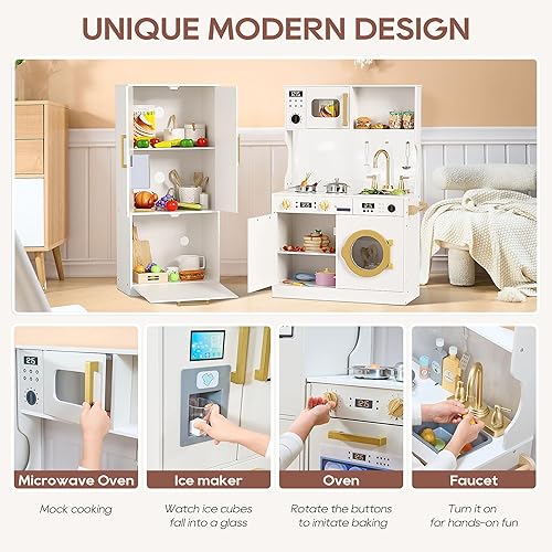 Miniatura 2 de Juego de cocina para niños con diseño realista, cocina de lujo con armarios de almacenamiento extendidos, cocina de juguete para niños pequeños con