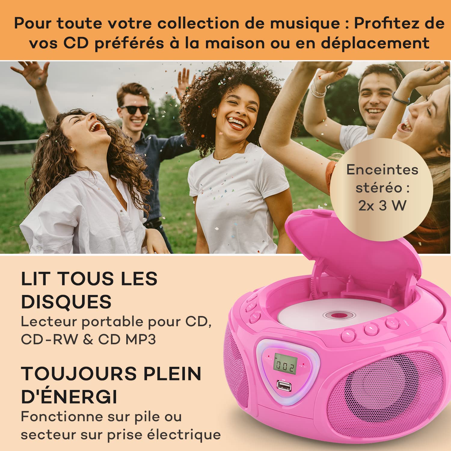 Auna Roadie - Radio-CD , Chaîne stéréo , Boombox , Lecteur CD , Port USB , MP3 , Tuner radio AM/FM , Bluetooth 2.1/EDR , Entrée RCA-AUX-jack 3,5 mm , Éclairage LED multicolore , 2x1,5W (RMS) , Rose