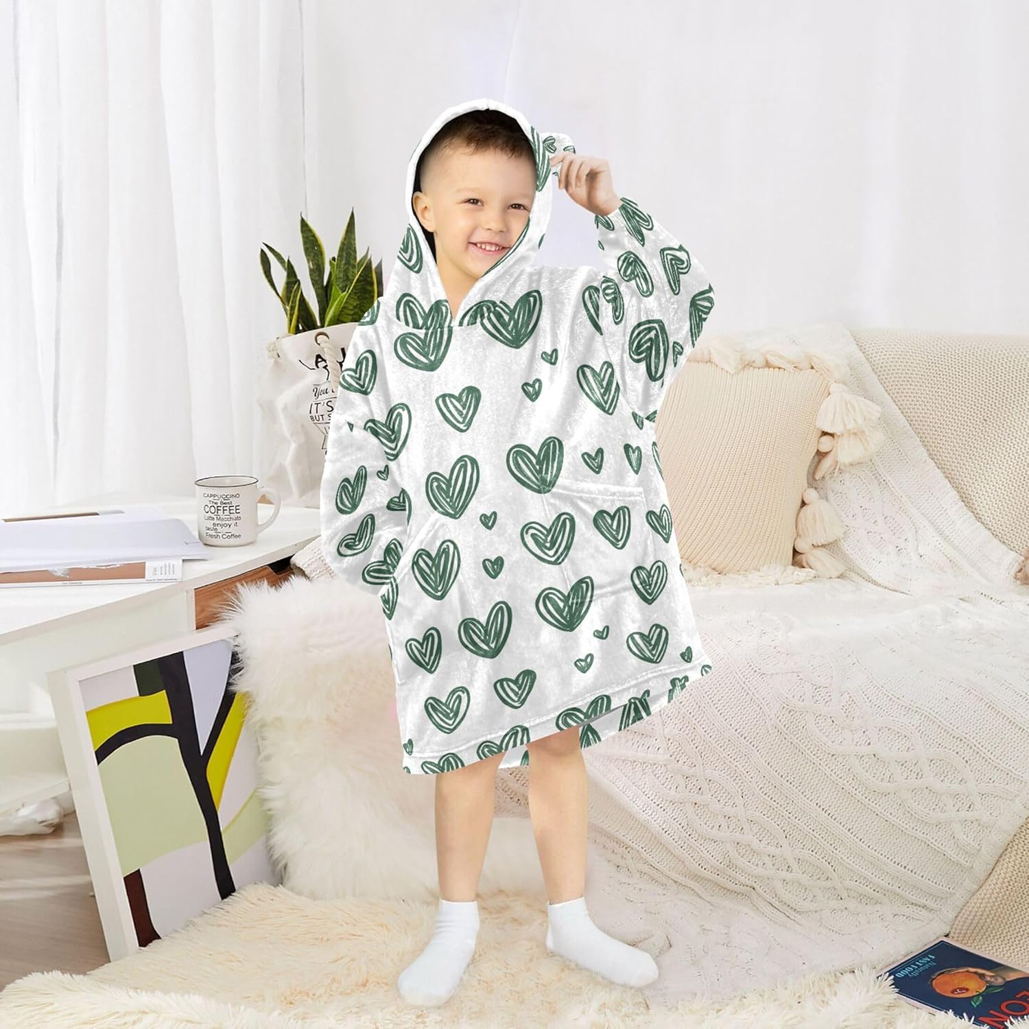 Heart Green Kids Wearable Blanket Hoodie with Pocket and Sleeves for Toddlers, Cute Hoodies Girls Boys B0403841