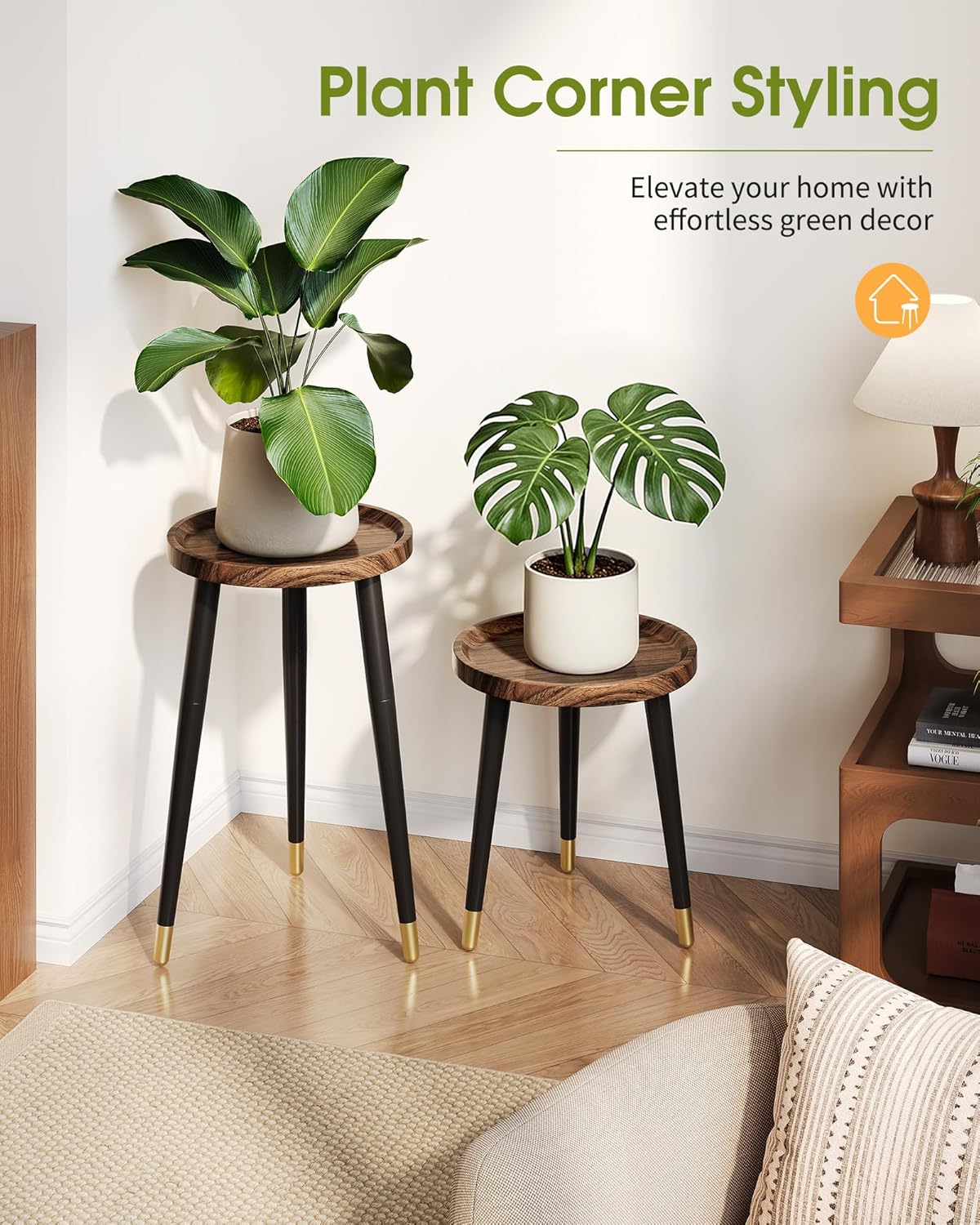 Plant Stand Indoor 2 Pack, Wood Mid Century Indoor Plant Stand, Tall Plant Stands for Flower Pot, Modern Plant Table, Small Side End Table With Raised Design, Walnut, 11.7"x18.8" & 11.7"x13"