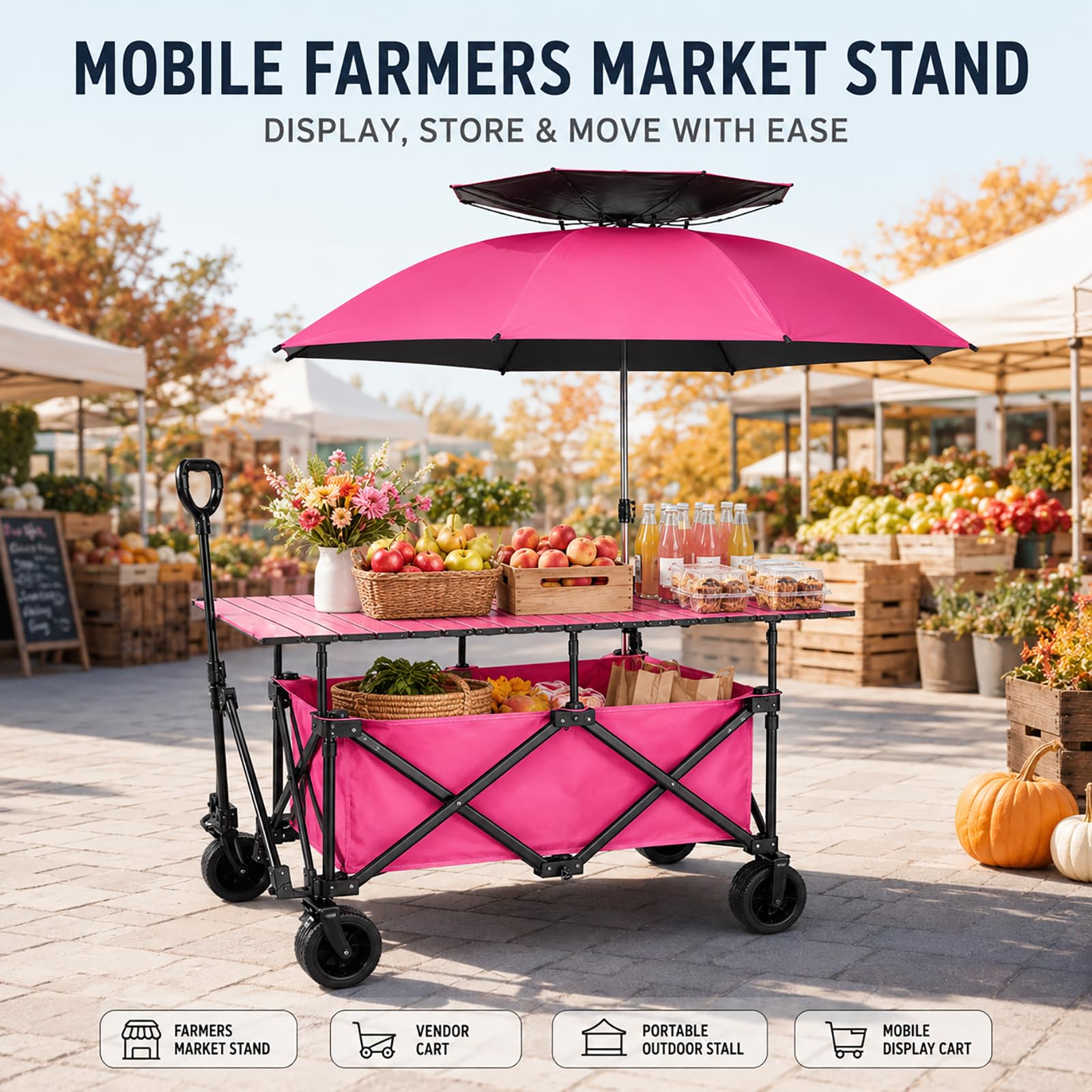 Stand da Mercato Pieghevole, Carrello da Vendita con Tavolo e Ombrellone | Bancarella Mobile con Vano Portaoggetti e Ruote per Mercatini ed Eventi(orange)