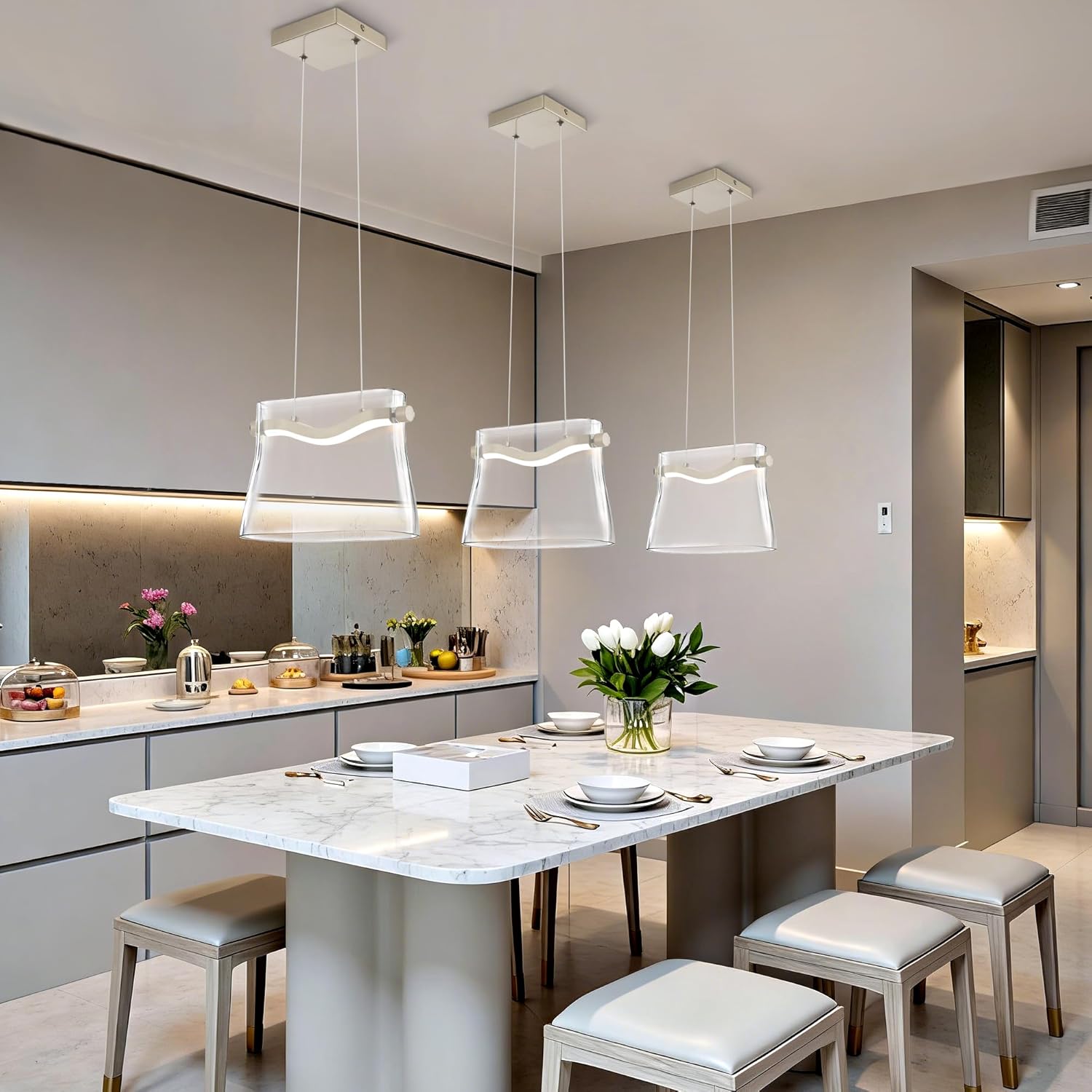 Modern Glass Pendant Light Kitchen Island 1 Pack, Nickel LED Pendant Light Fixtures 3000K Dimmable with Clear Glass Shades, Adjustable Hanging Ceiling Light 9 Inch, ETL Certified