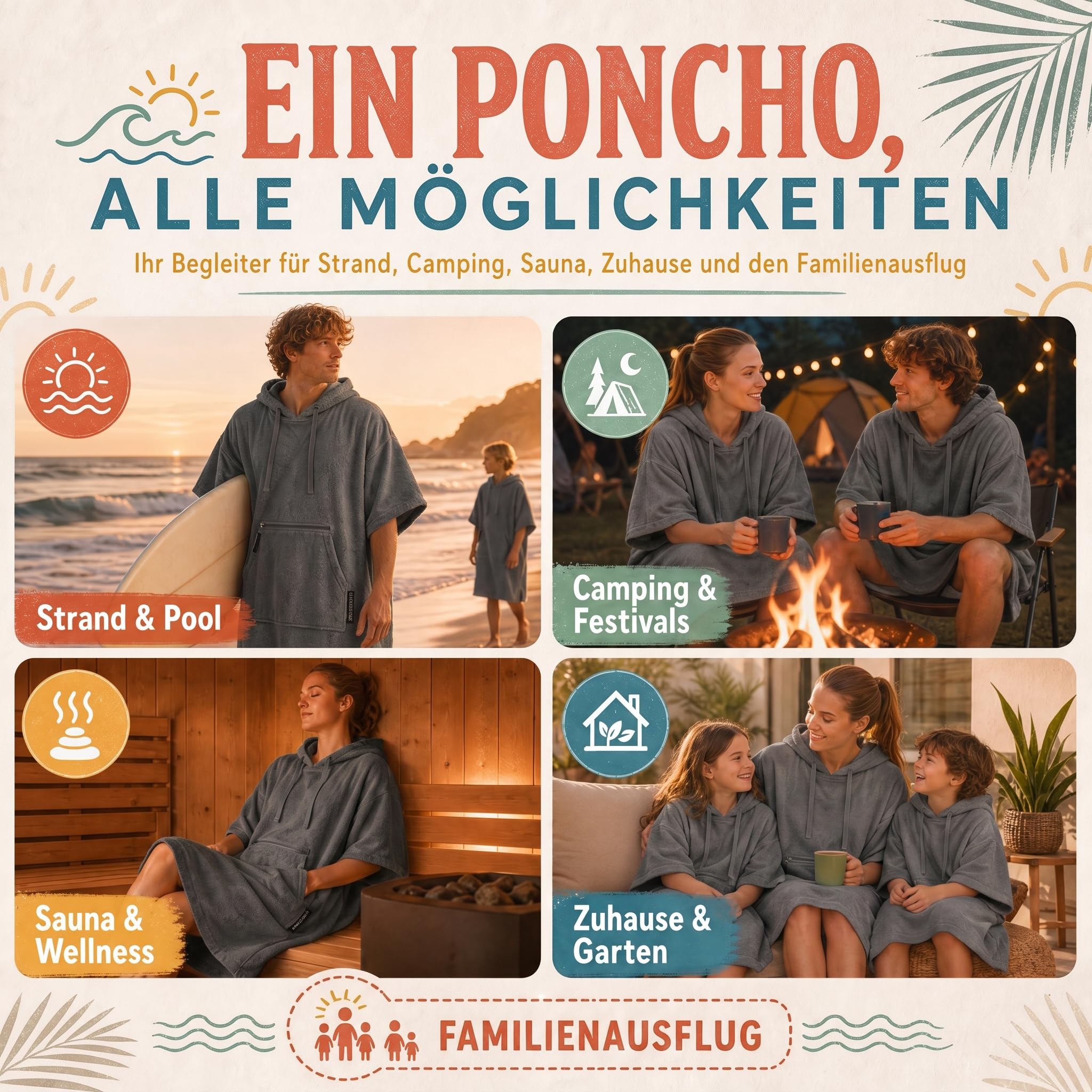 Strandponcho für Damen, Herren & Kinder – Badeponcho aus 100% Baumwolle, Surfponcho zum Umziehen mit Kapuze & Tasche für Strand, Sauna & Pool, Dunkelgrau, S/M