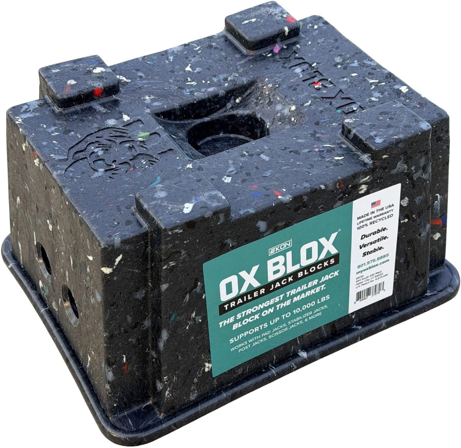 - OX BLOX Heavy Duty Trailer Jack Block - RV Leveling Blocks & Stabilizer Pads - 10,000 lbs Capacity - Made in USA from Recycled Plastic - for Tongue Jack, 5th Wheel, Camper & Travel Trailer
