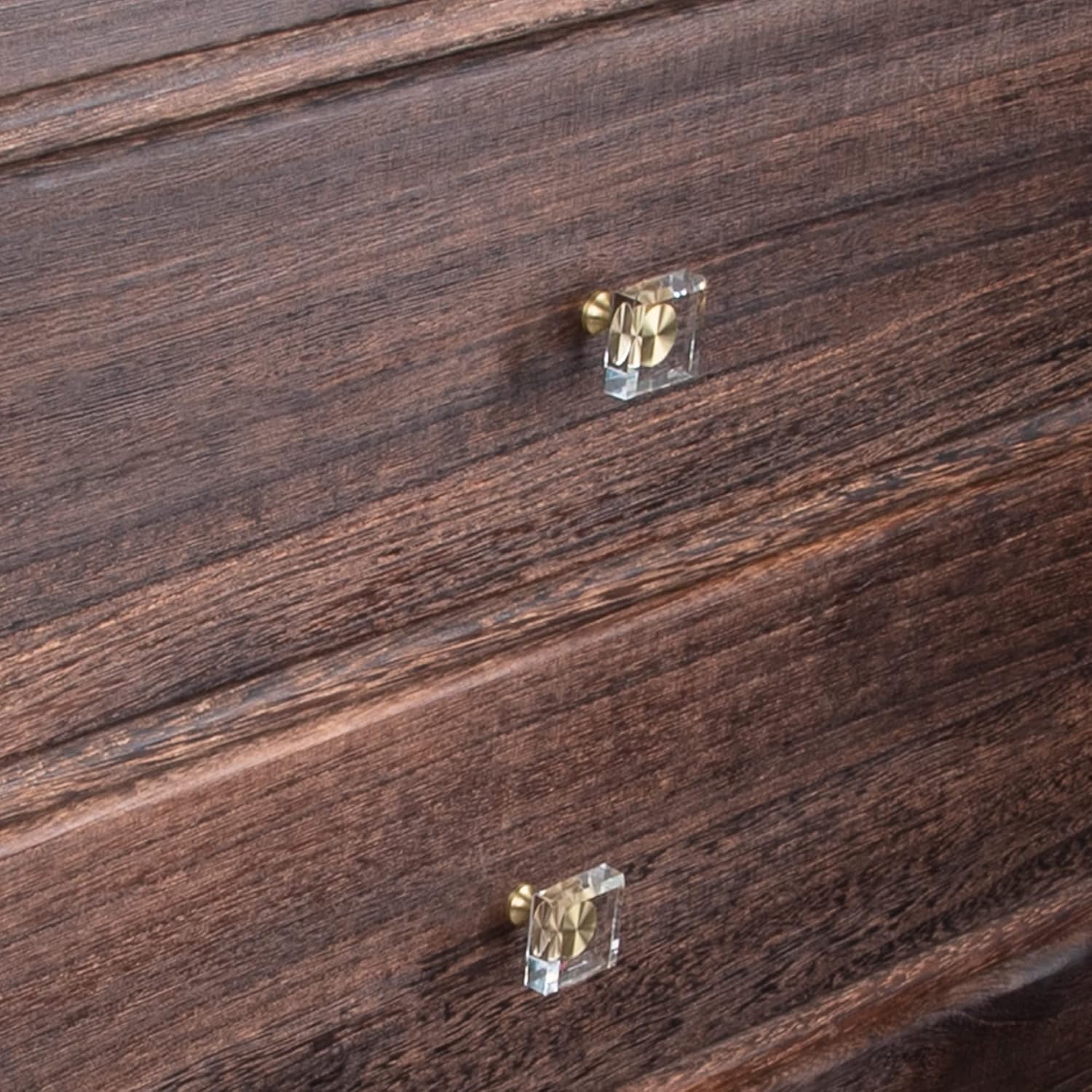 QOGRISUN 10-Pack Glass Crystal Knobs Brass Drawer Knobs Dresser Pulls, 1-1/8-Inch Square, Gold Cabinet Hardware for Kitchen Bathroom