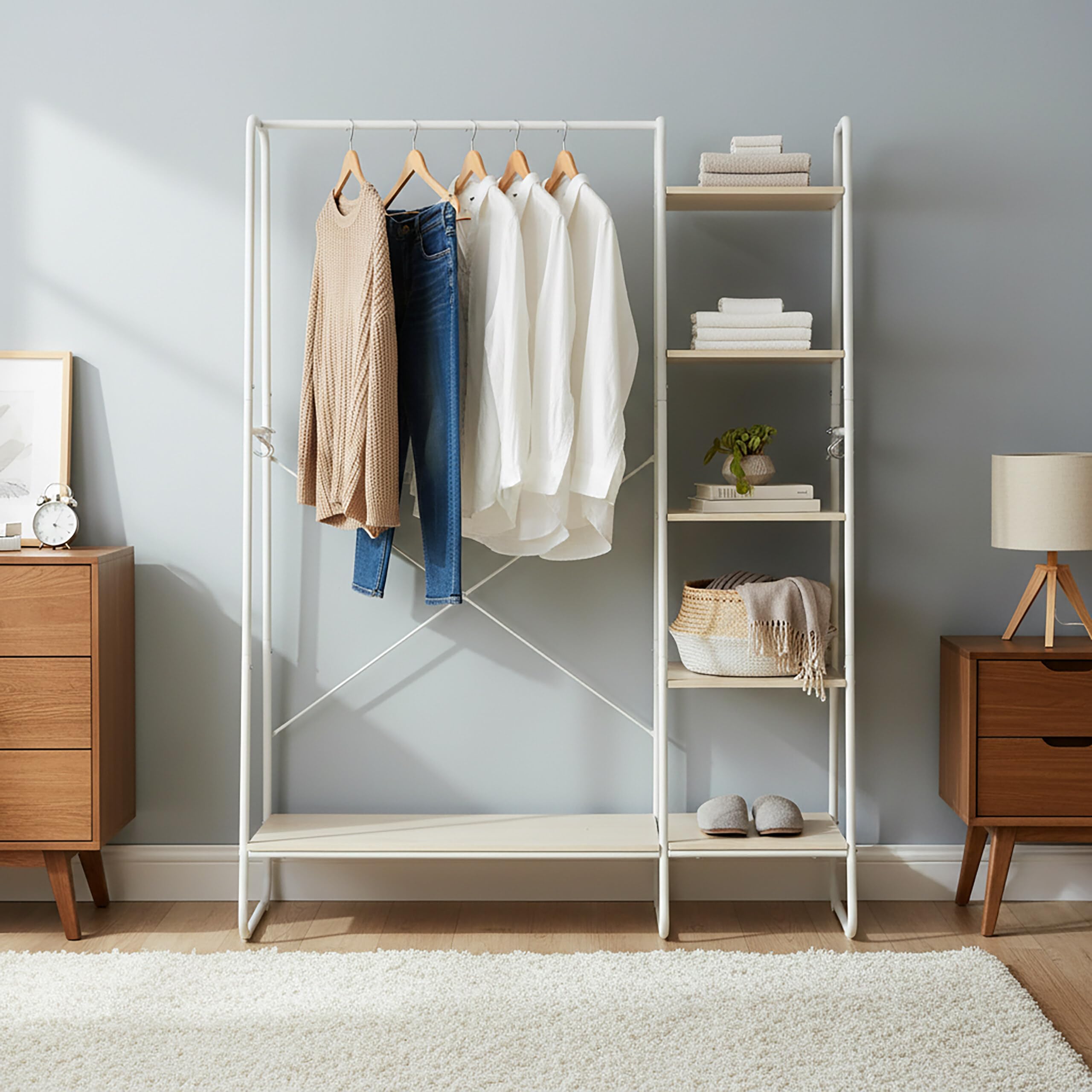 Relaxdays Perchero con 5 estantes, Barra y 6 Ganchos, Efecto Madera, 160x120x45 cm, Blanco/Natural