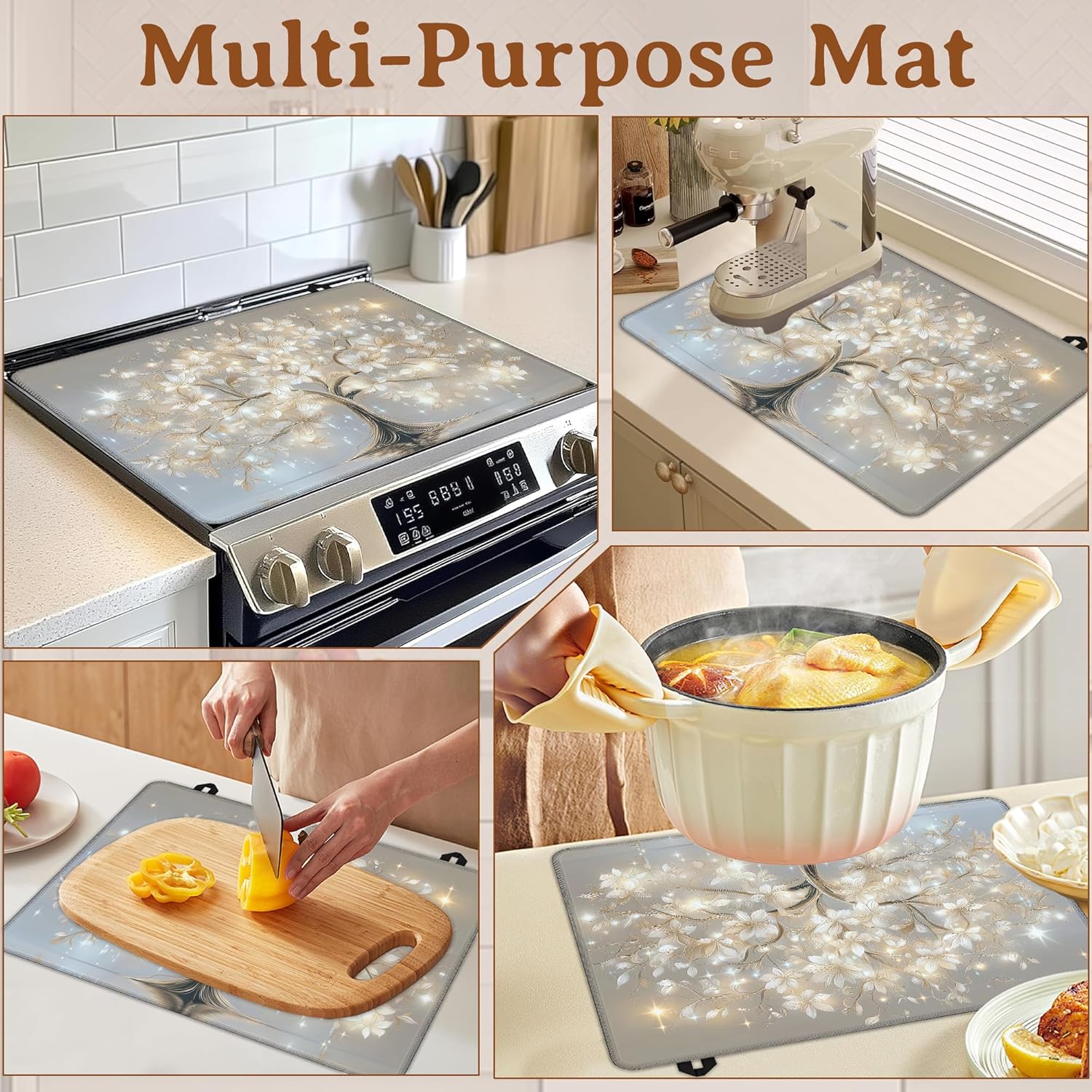 Sparkling Tree Electric Stove Top Cover,White Flower Stove Top Cover for Electric Heat Resistant Mat for Gas Cooktop Kitchen Washable Countertop Protector Mat 28.5×20.5in