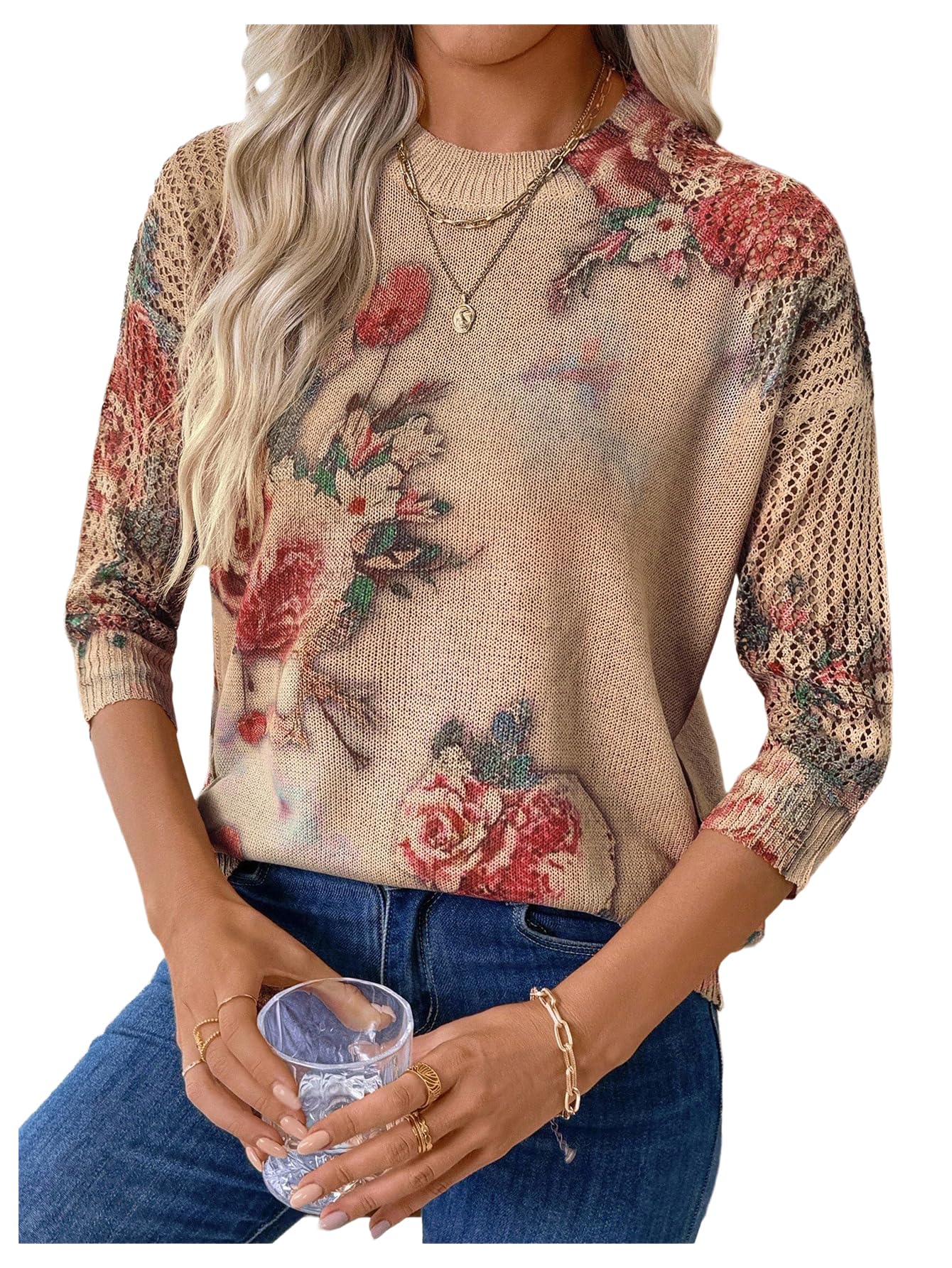 Womens Vintage Floral Pullover Sweaters 3 4 Sleeve Crew Neck Knit Tops Fall Clothes