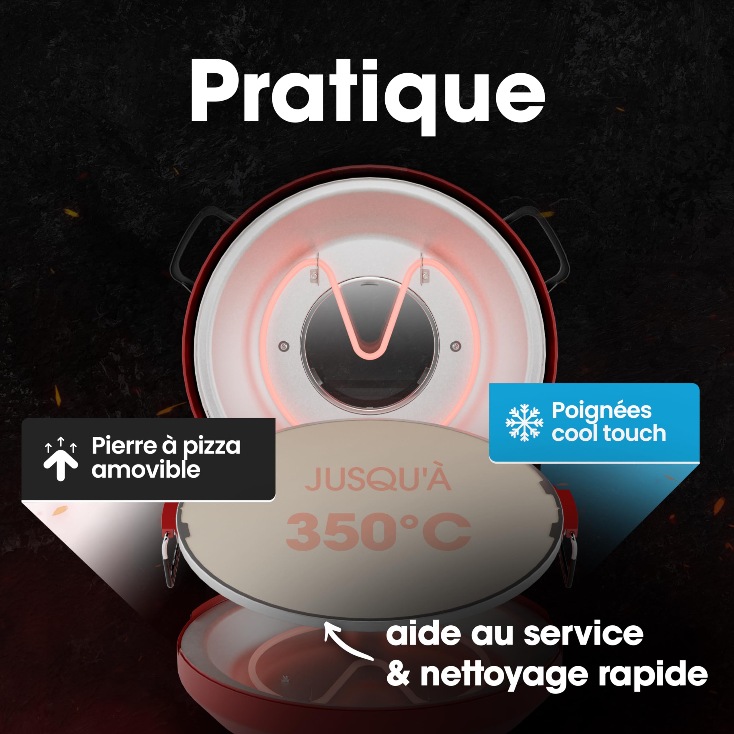 Clatronic® four à pizza | 350°C p. pizza italienne en pierre à la maison |électrique | aussi pour pizzas surgelées | pizza en moins de 5 min. | pierre à pizza Ø32cm et accessoires inclus | PM 3787