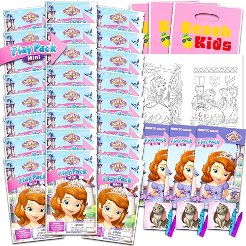 Disney Sofia the First Birthday - Juego de recuerdos de fiesta de cumpleaños  Paquete con 24 paquetes de juegos Sofía  Mini libros para colorear,