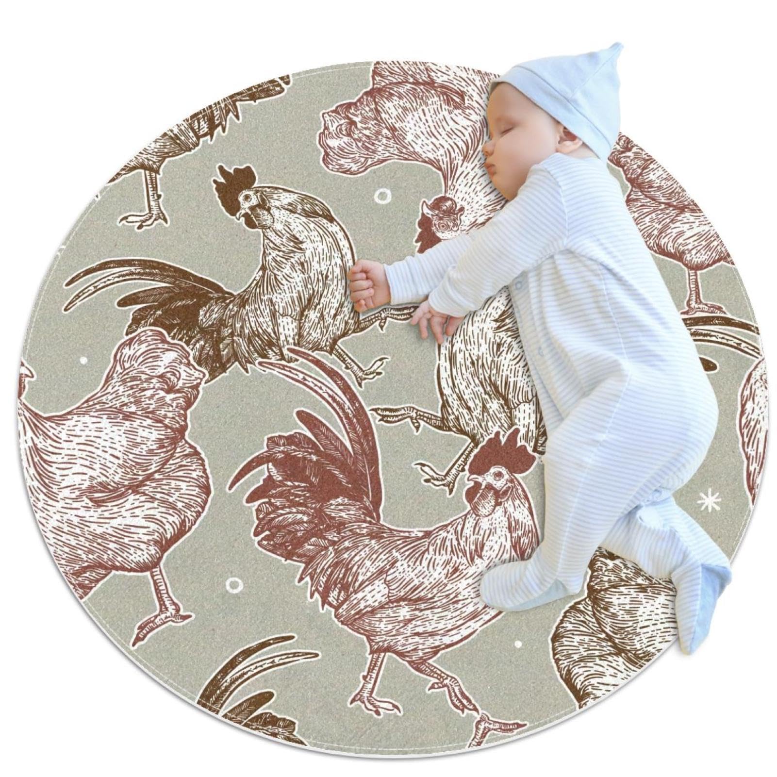 Tapis de bain rond imprimé camomille et coq au design dessiné à la main de 1 m