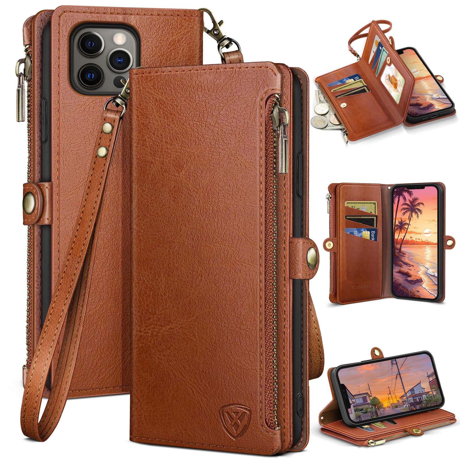 XcaseBar for iPhone 12 Pro Max 6.7" Wallet case with Zipper Credit Card Holder【RFID Blocking】, Flip Folio Book PU Leather Phone case Shockproof Cover