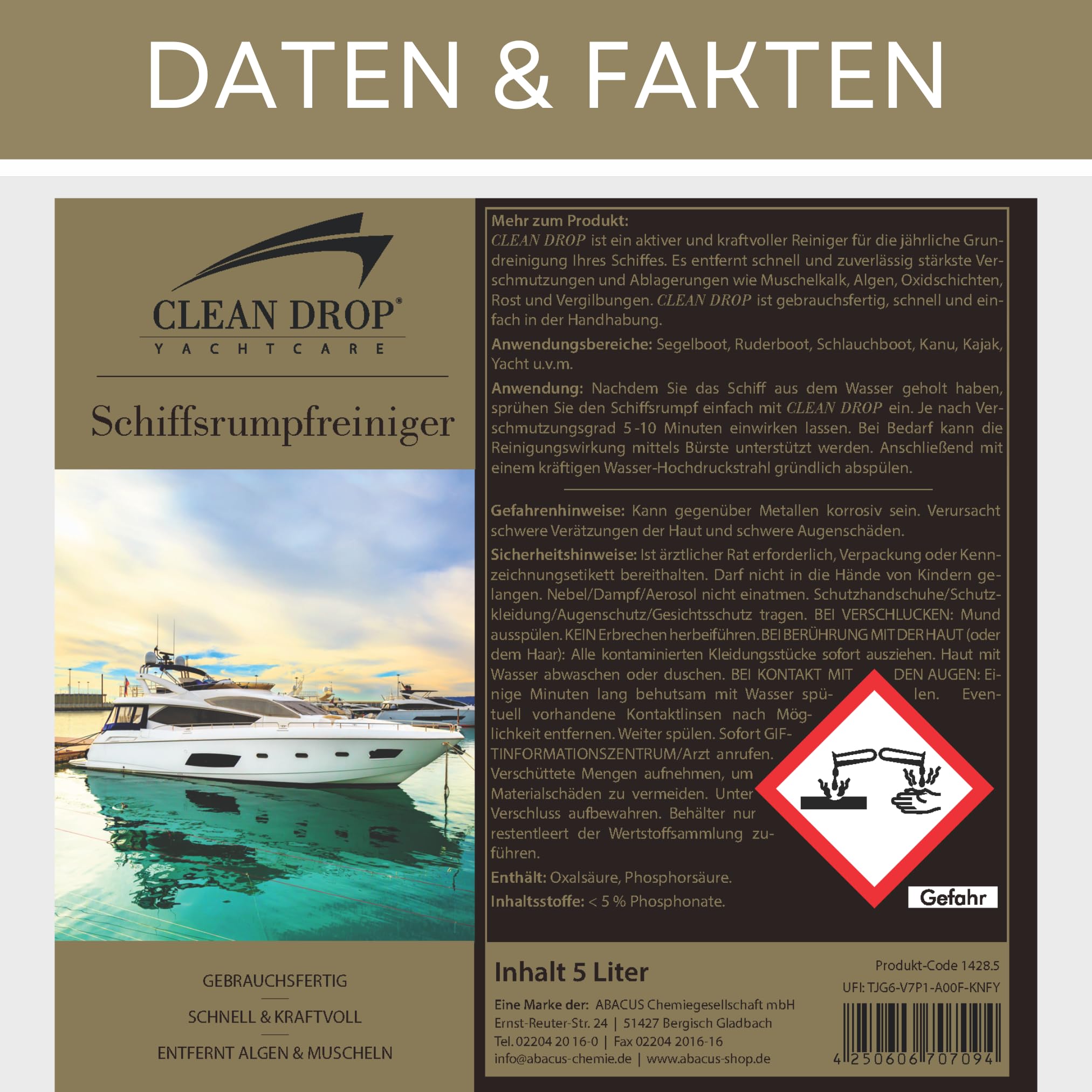 ABACUS® Bootsreiniger, Schiffsrumpfreiniger, Schiffsreiniger, Bootsrumpfreiniger, Yachtreiniger, Unterwasserschiffreiniger - Clean Drop - Reiniger für Schiffsrumpf & Antifouling 10L Kanister (1428.10)